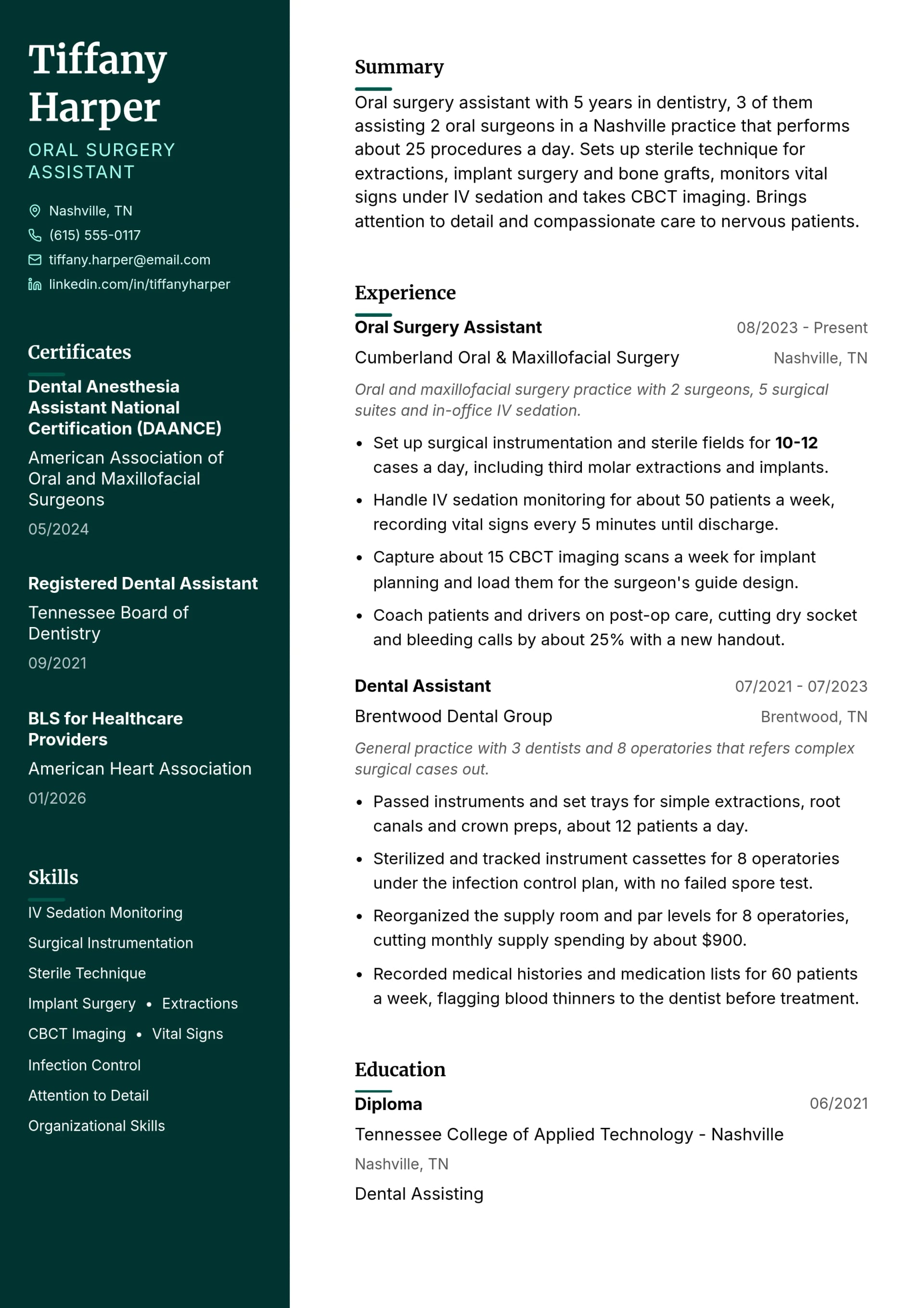 Oral Surgery Assistant resume example