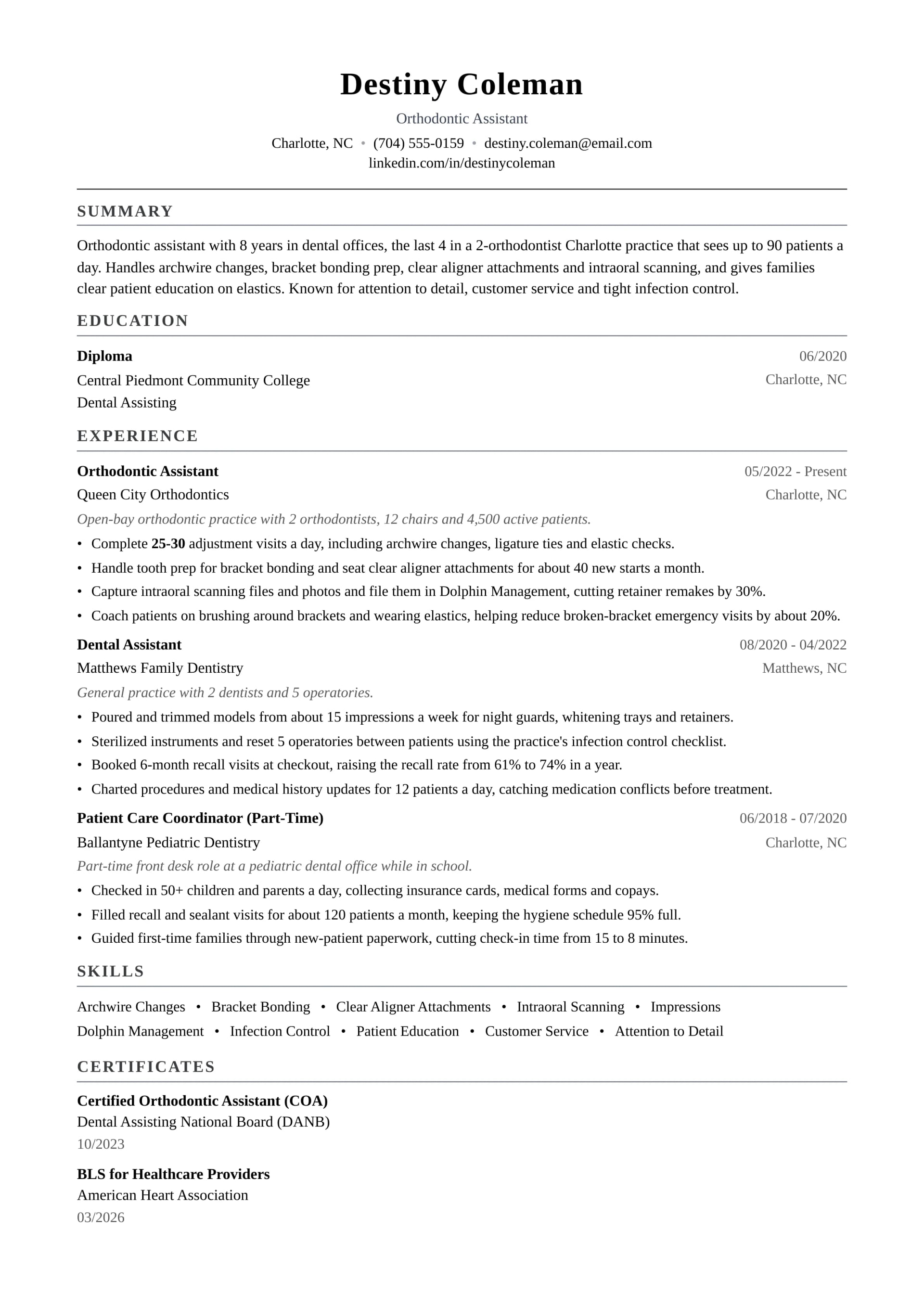 Orthodontic Assistant resume example
