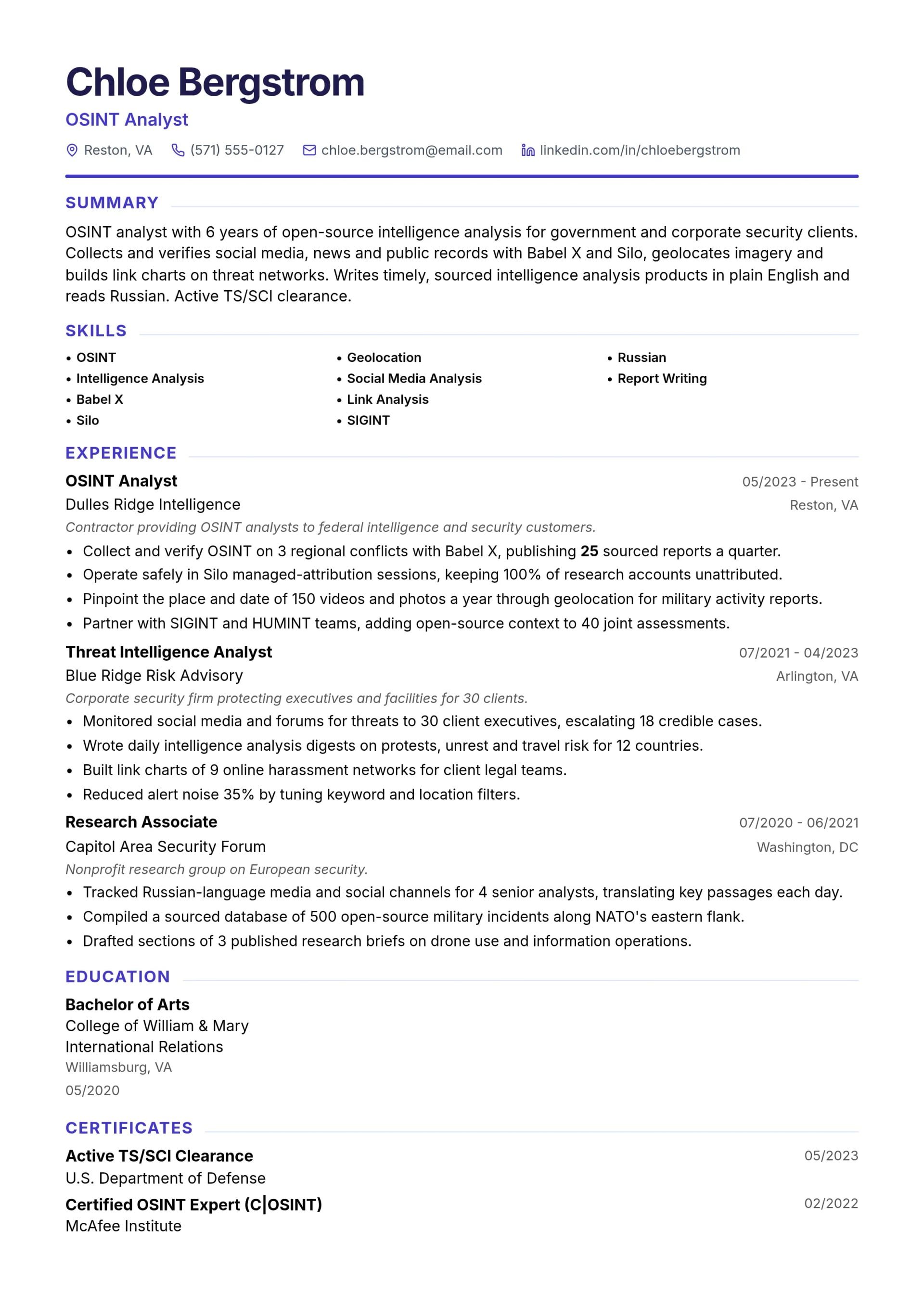 OSINT Analyst resume example