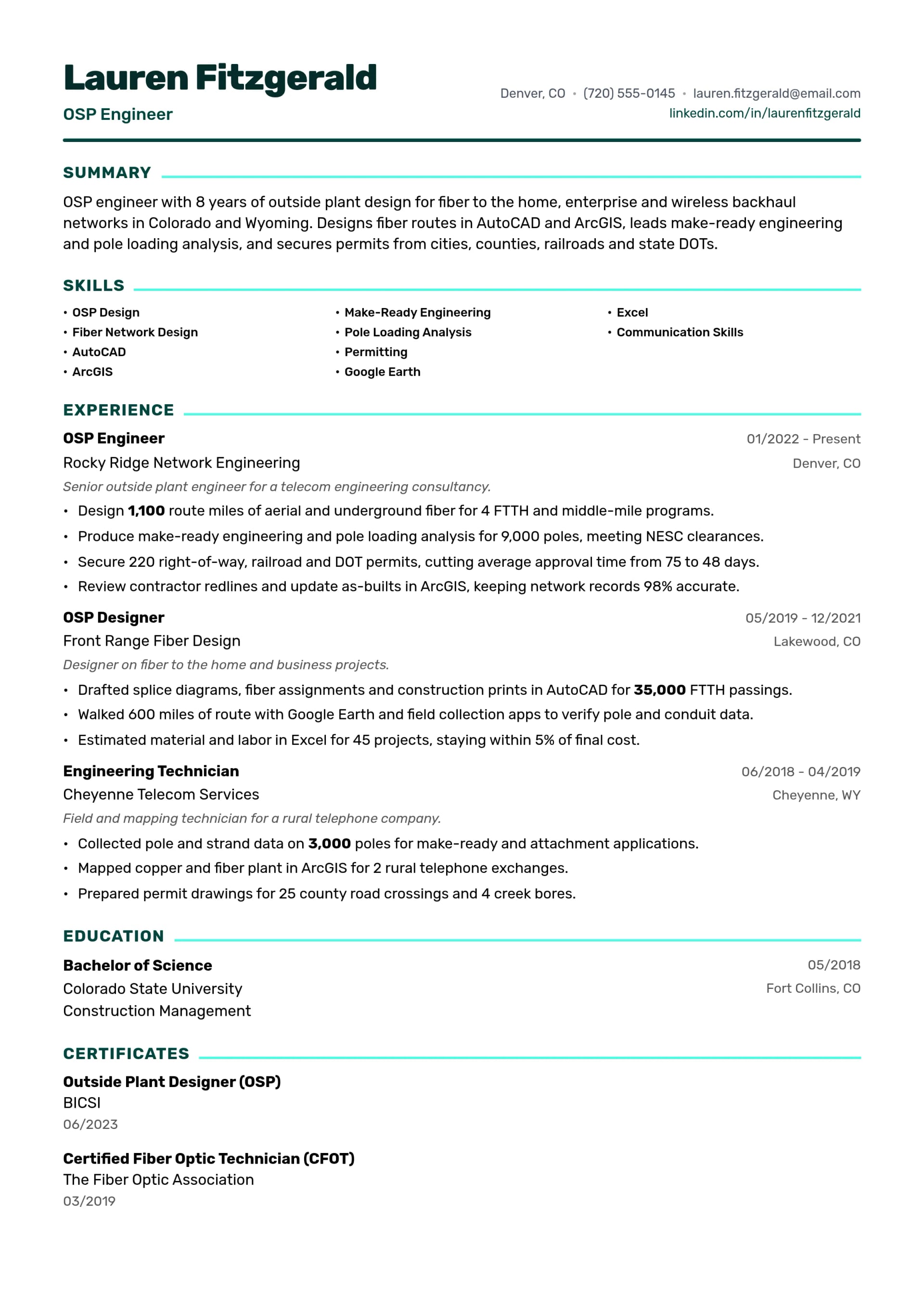 OSP Engineer resume example