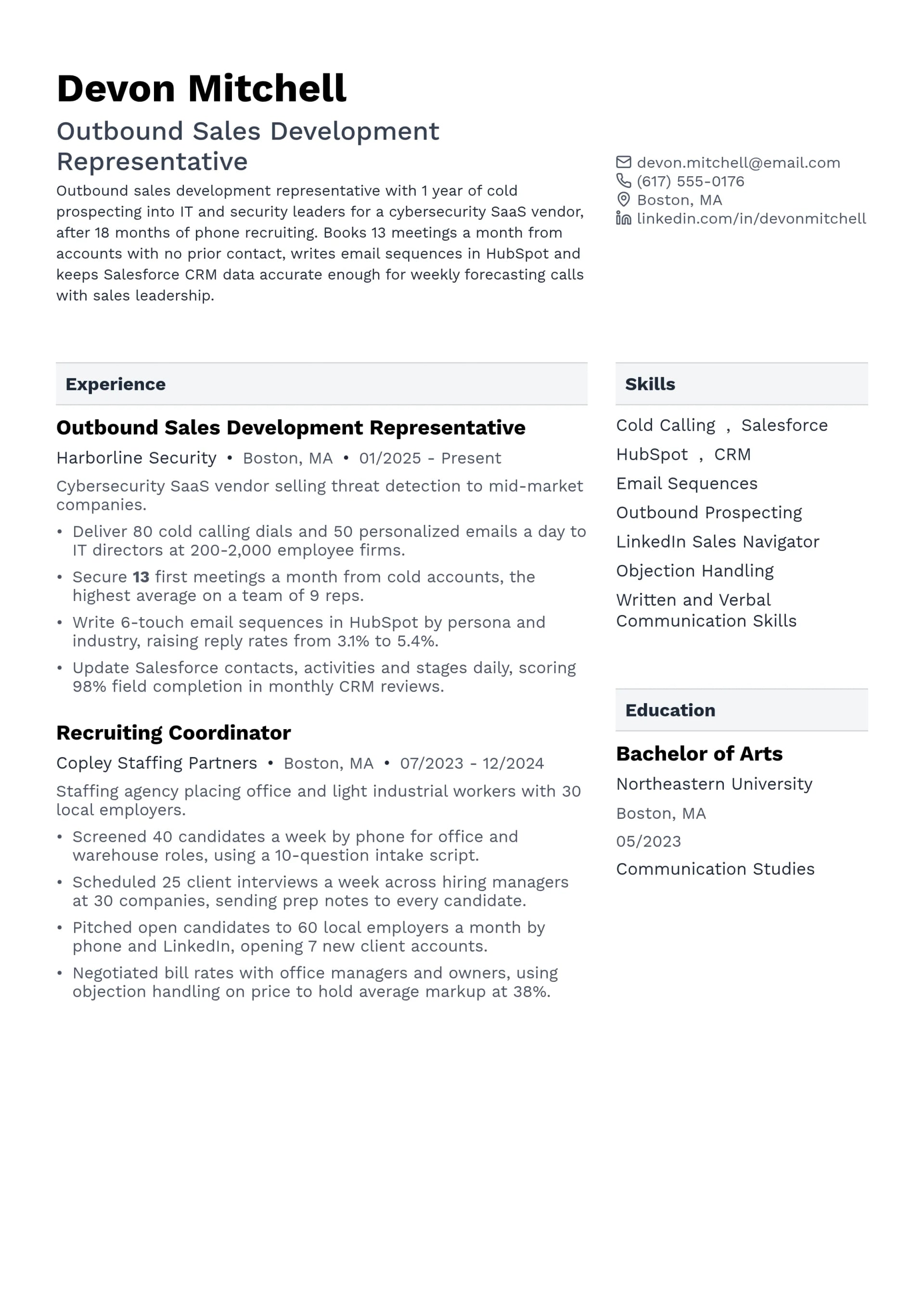 Outbound Sales Development Representative resume example
