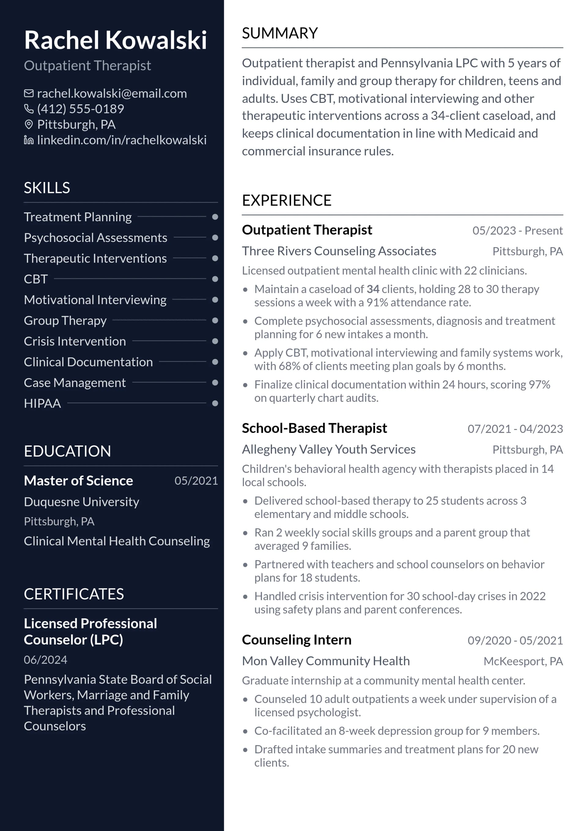 Outpatient Therapist resume example