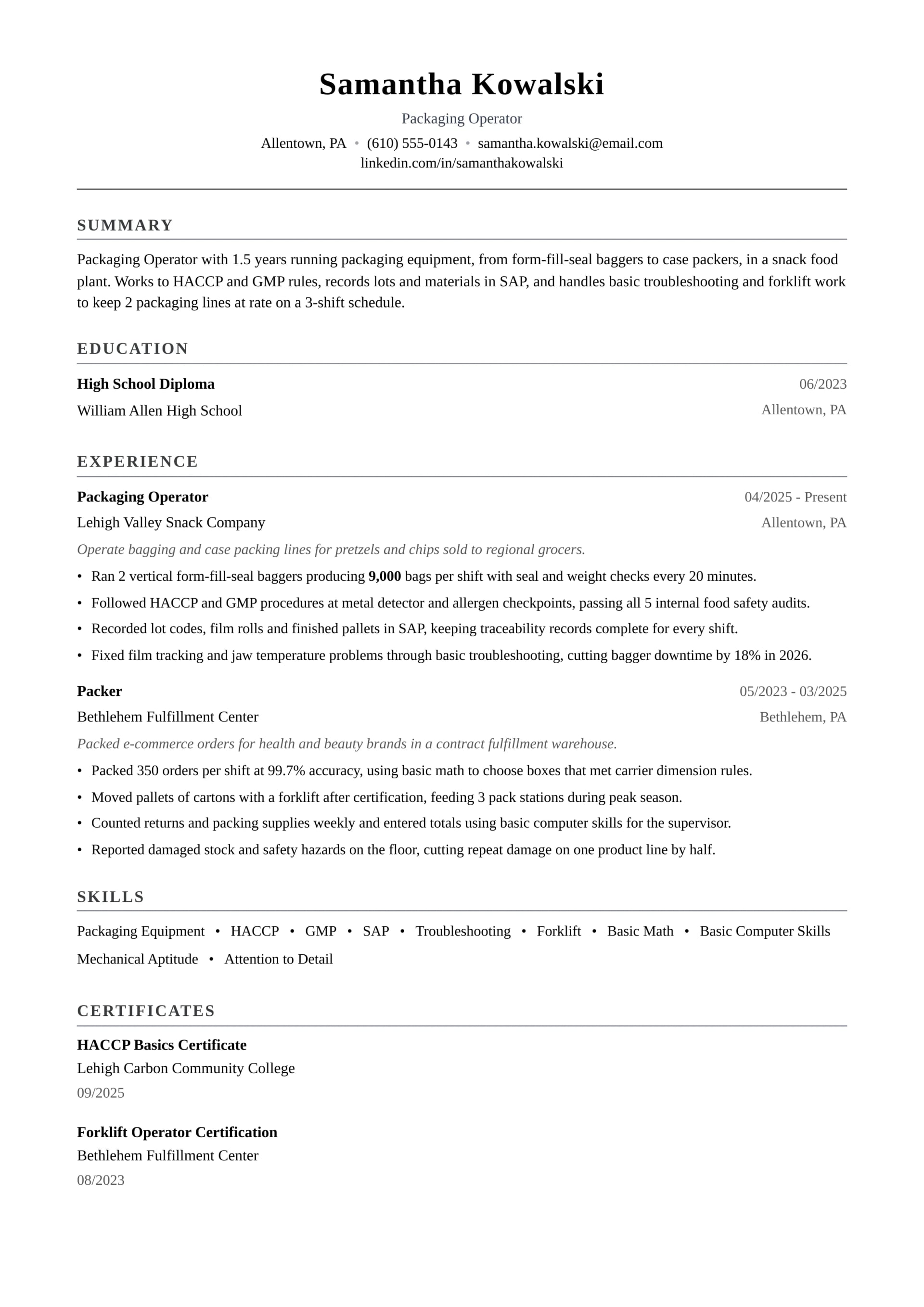 Packaging Operator resume example