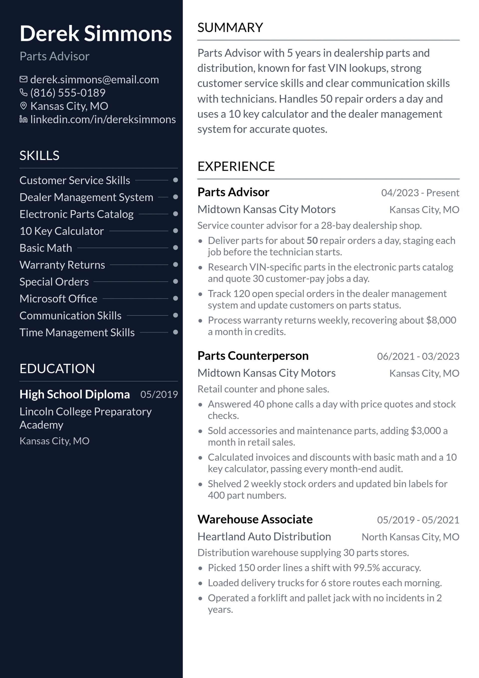 Parts Advisor resume example