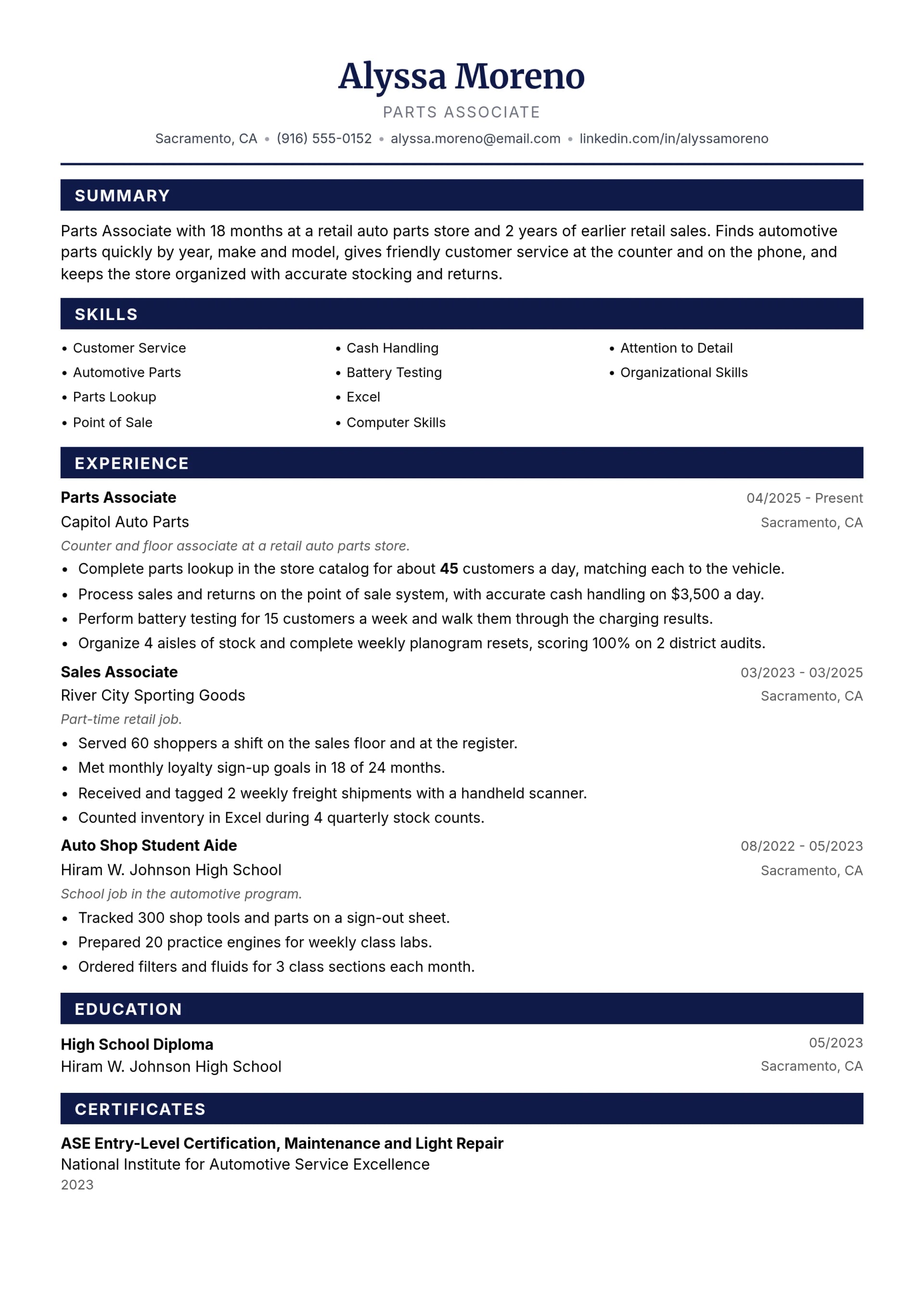 Parts Associate resume example