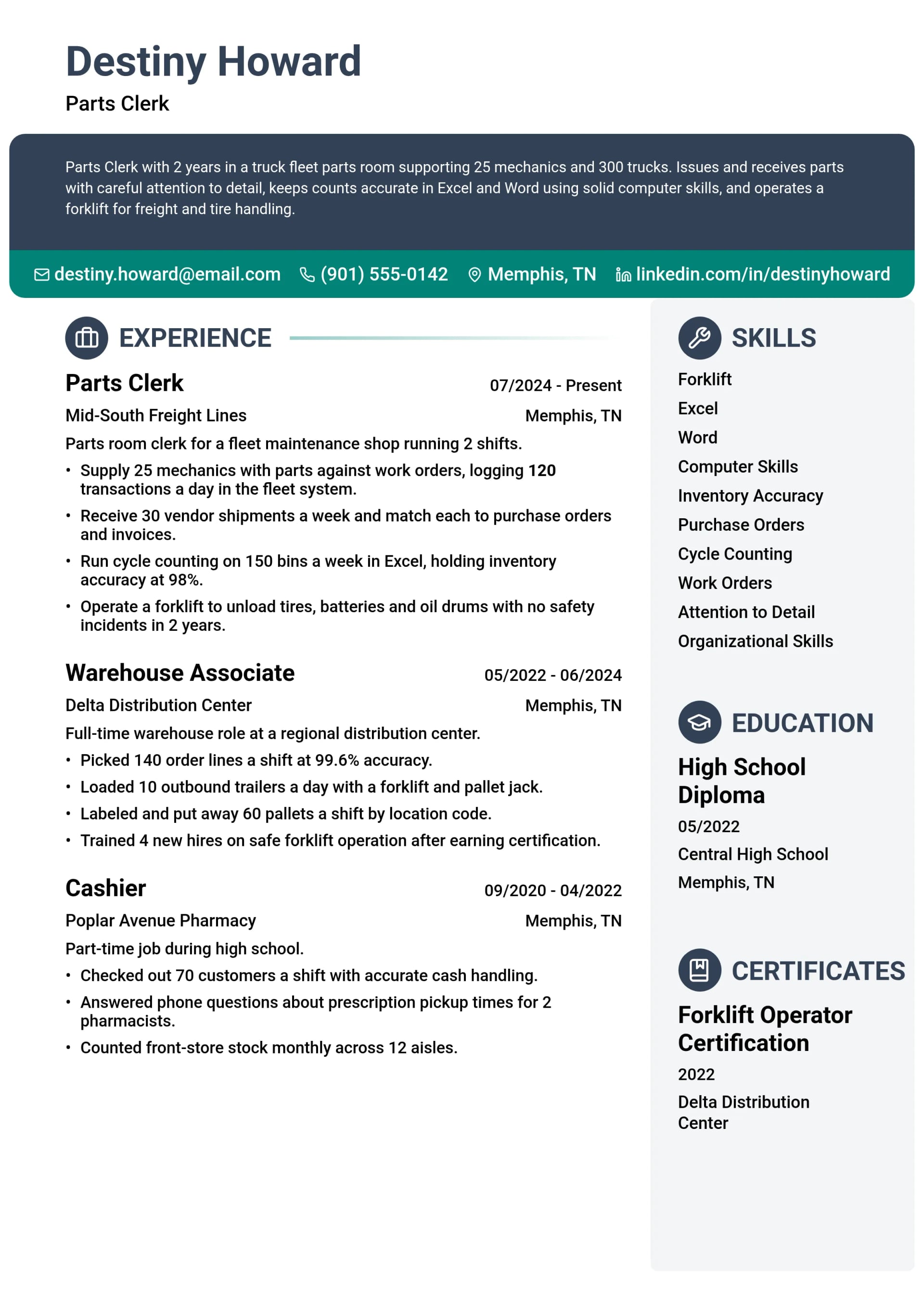 Parts Clerk resume example
