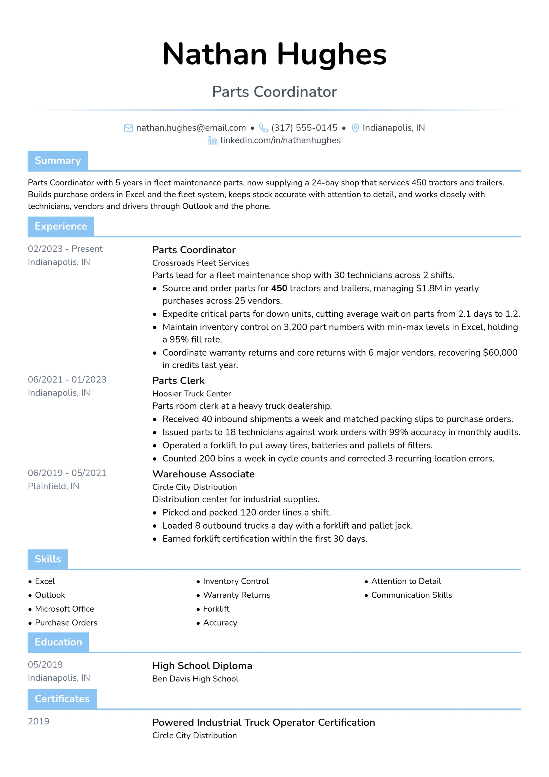 Parts Coordinator resume example