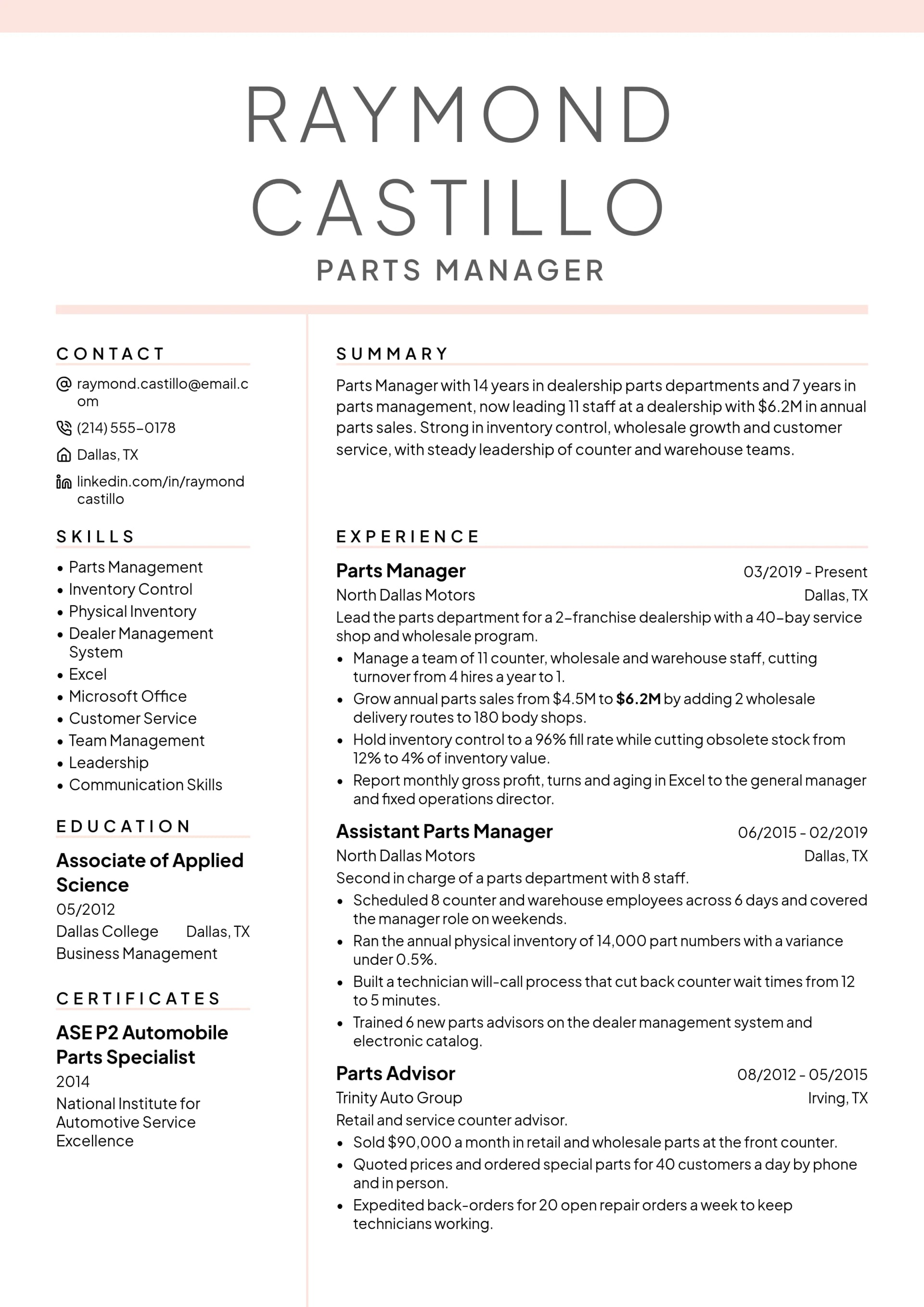 Parts Manager resume example