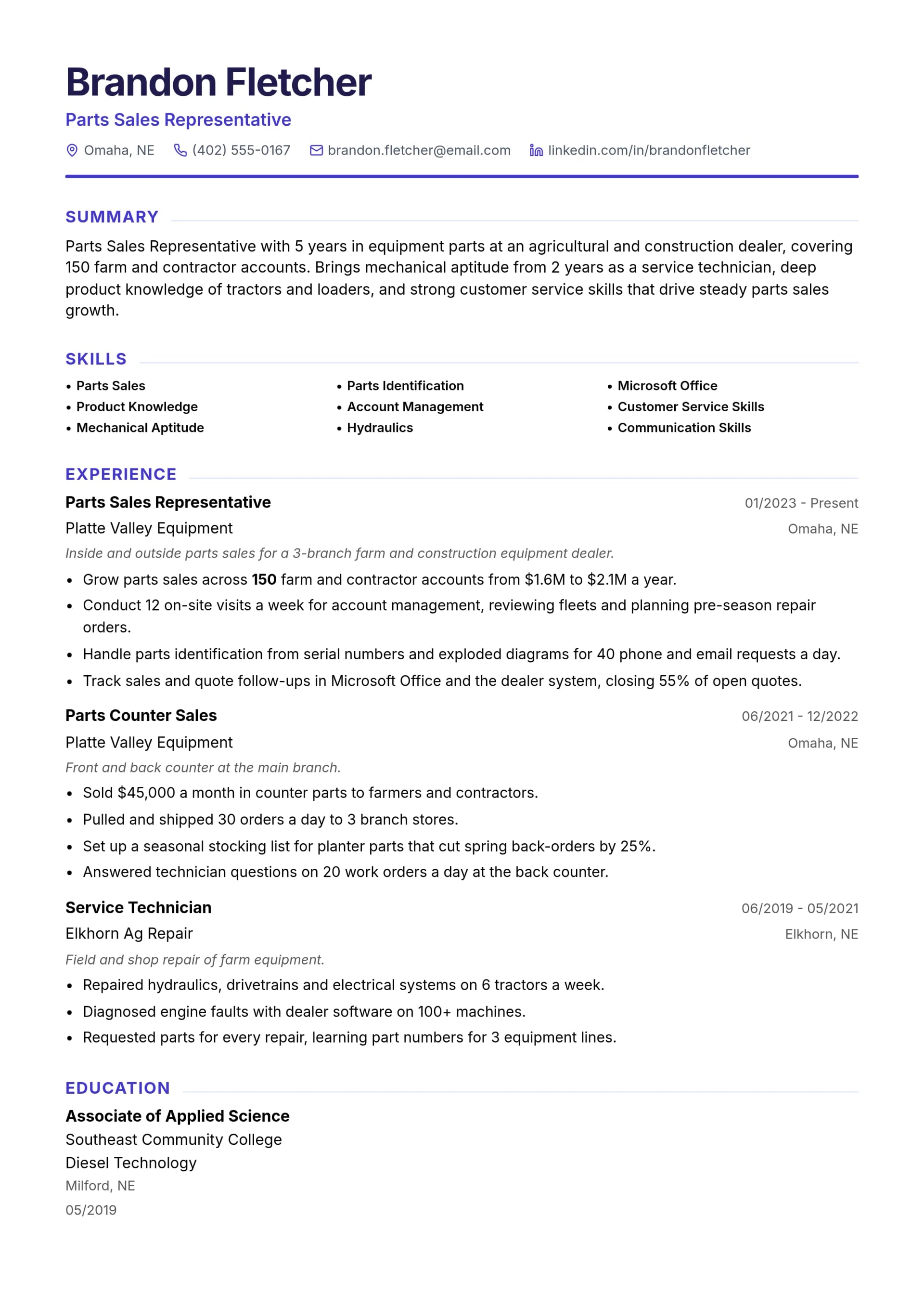 Parts Sales Representative resume example