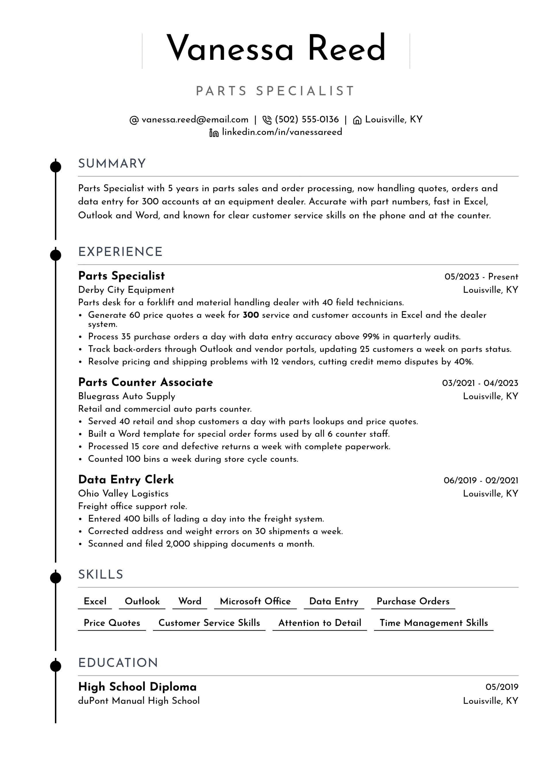 Parts Specialist resume example