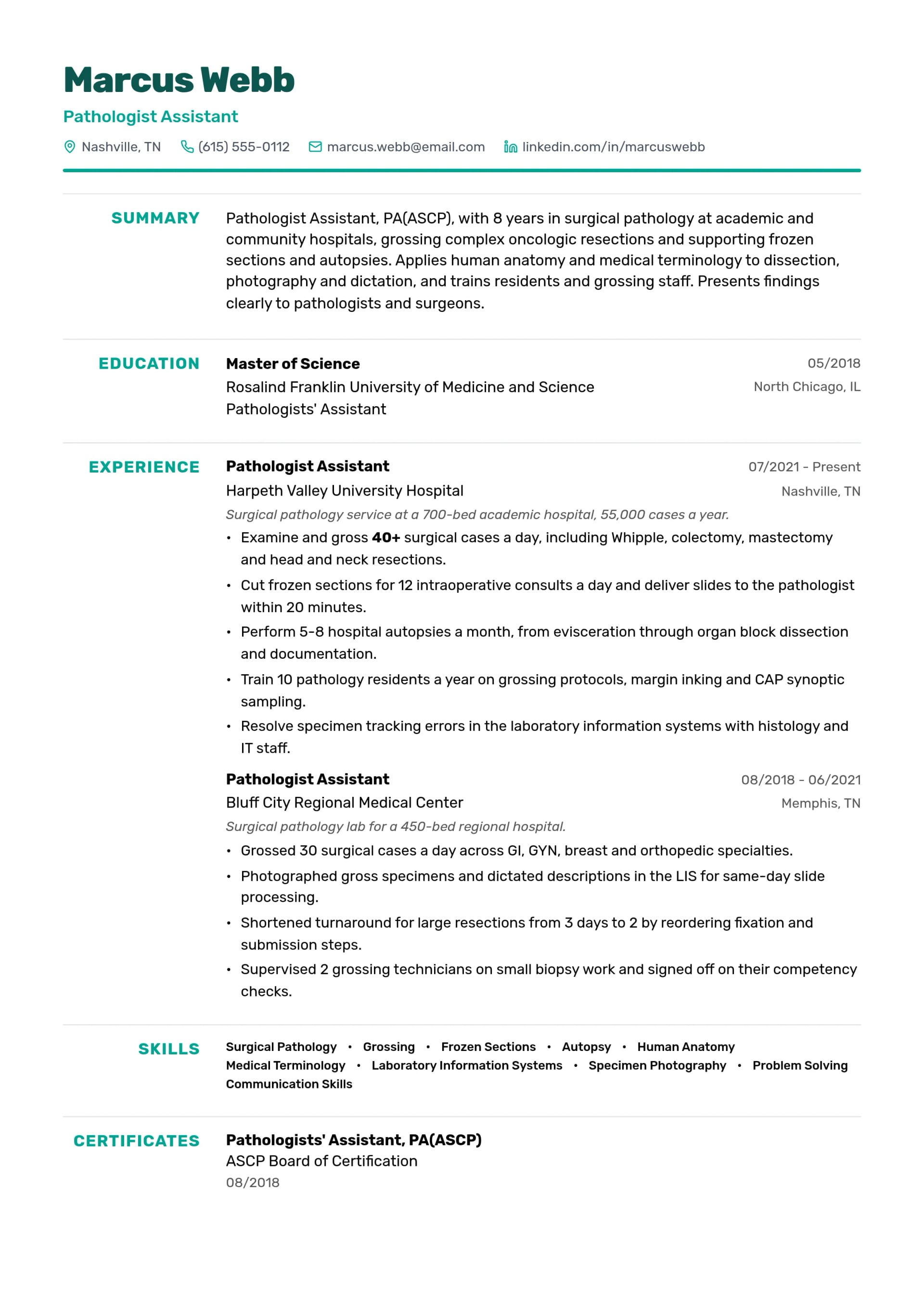 Pathologist Assistant resume example