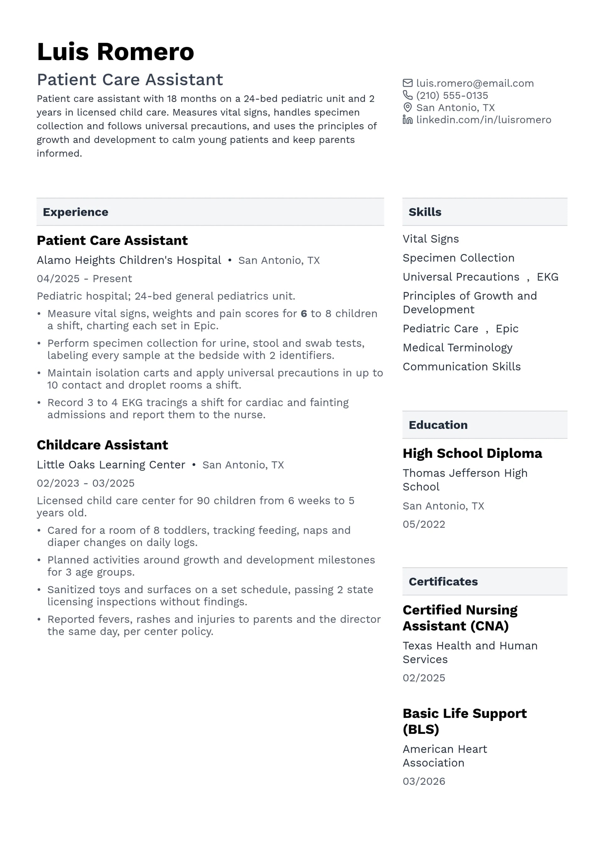 Patient Care Assistant resume example