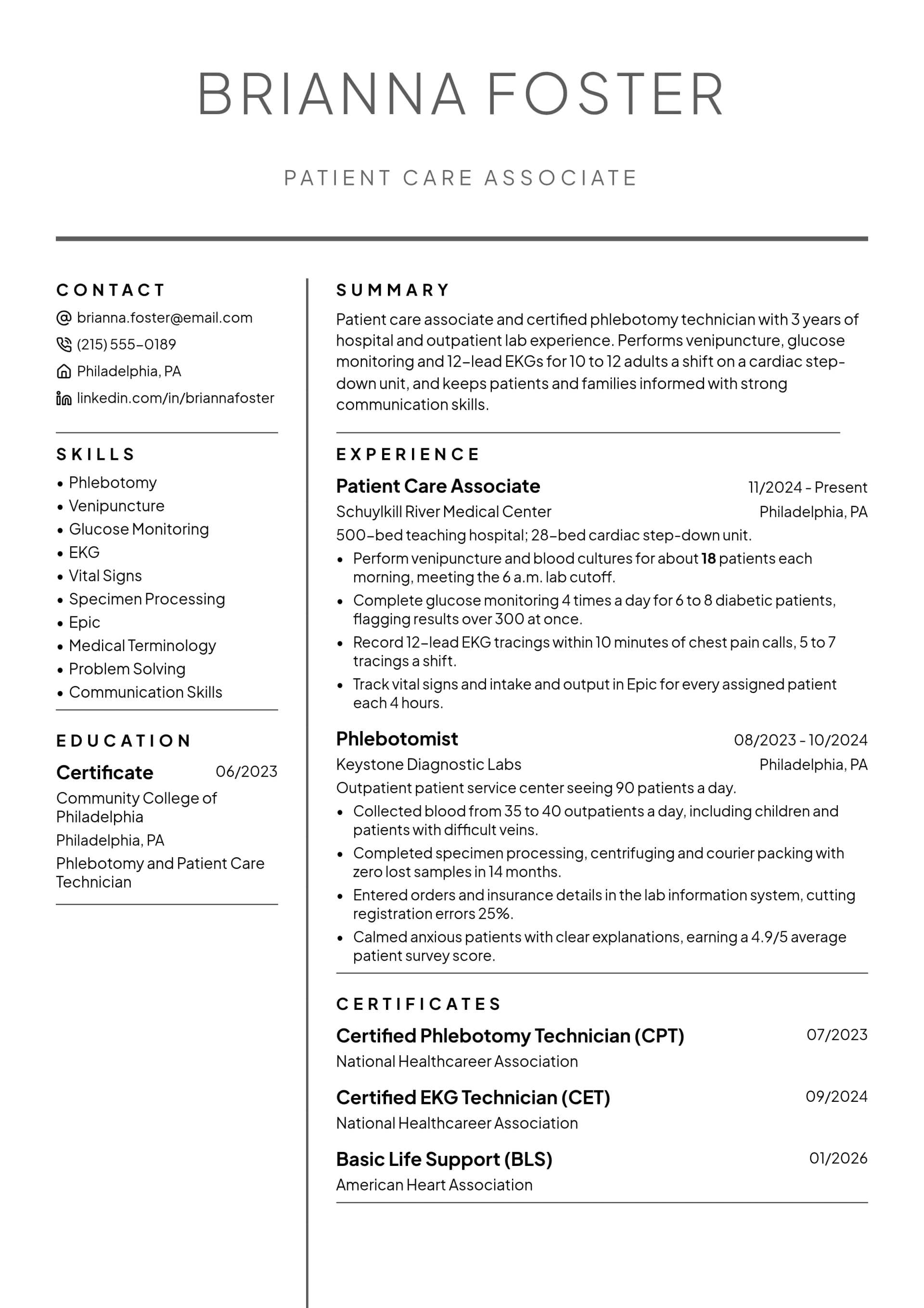 Patient Care Associate resume example