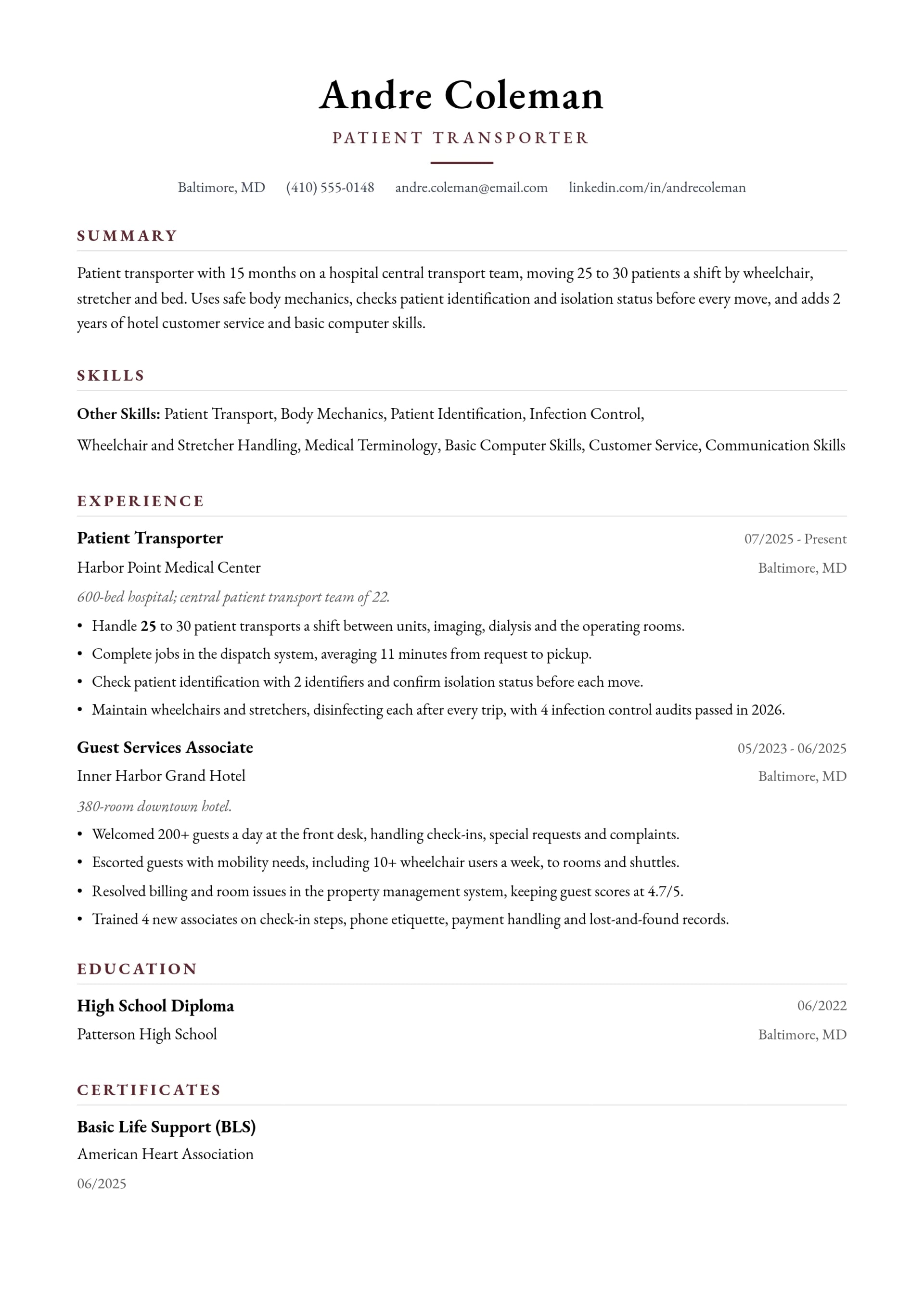 Patient Transporter resume example