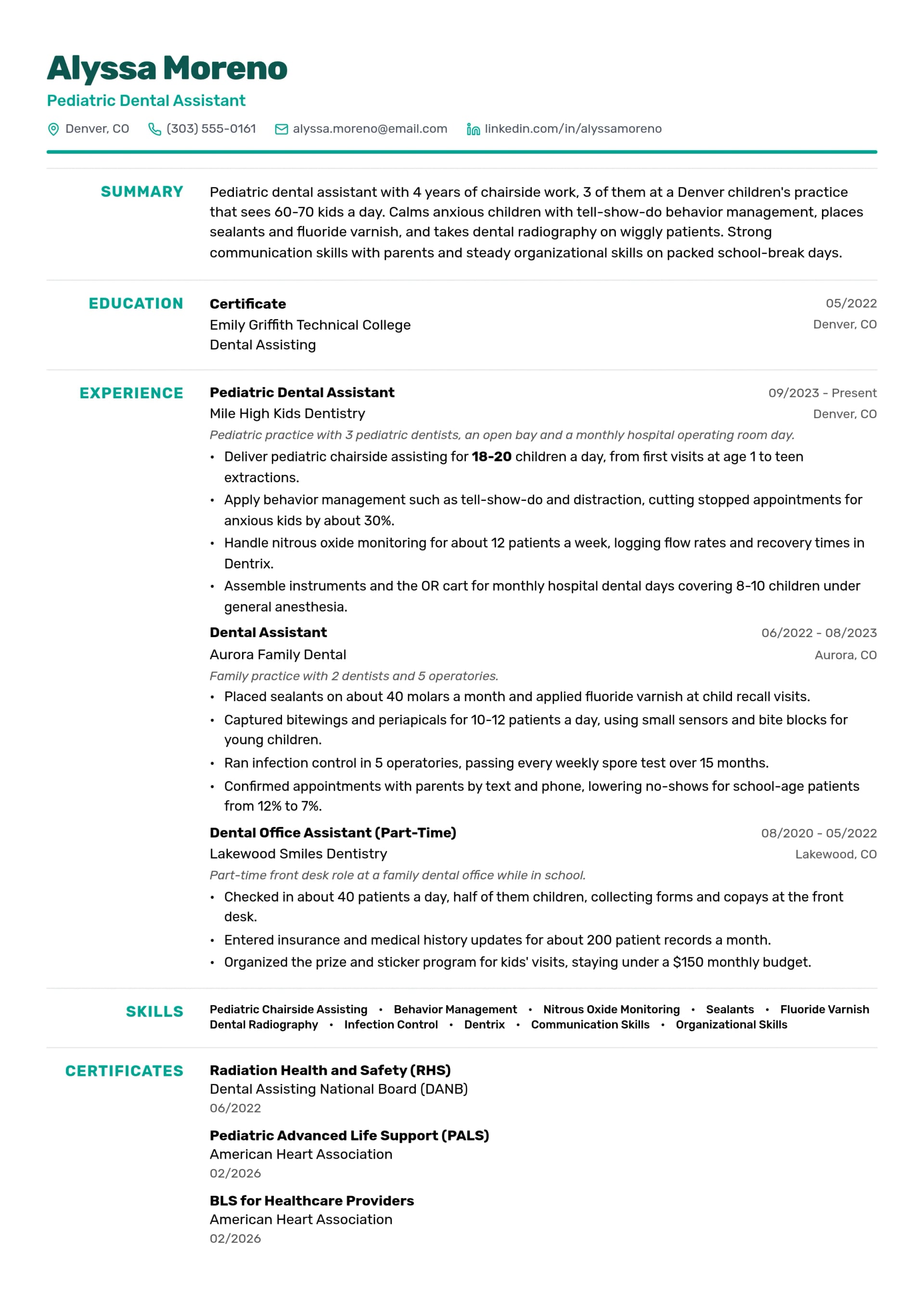 Pediatric Dental Assistant resume example