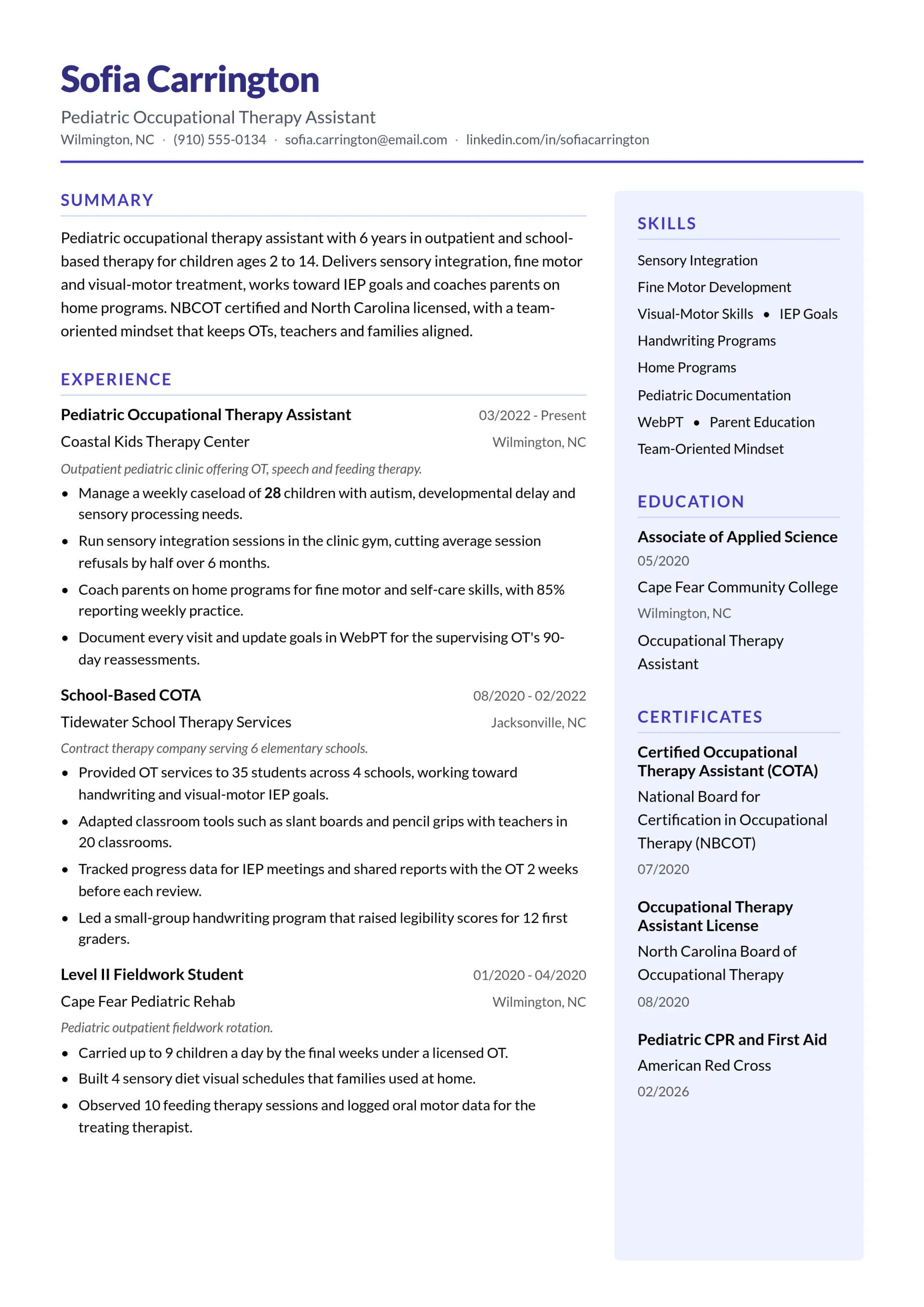 Pediatric Occupational Therapy Assistant resume example