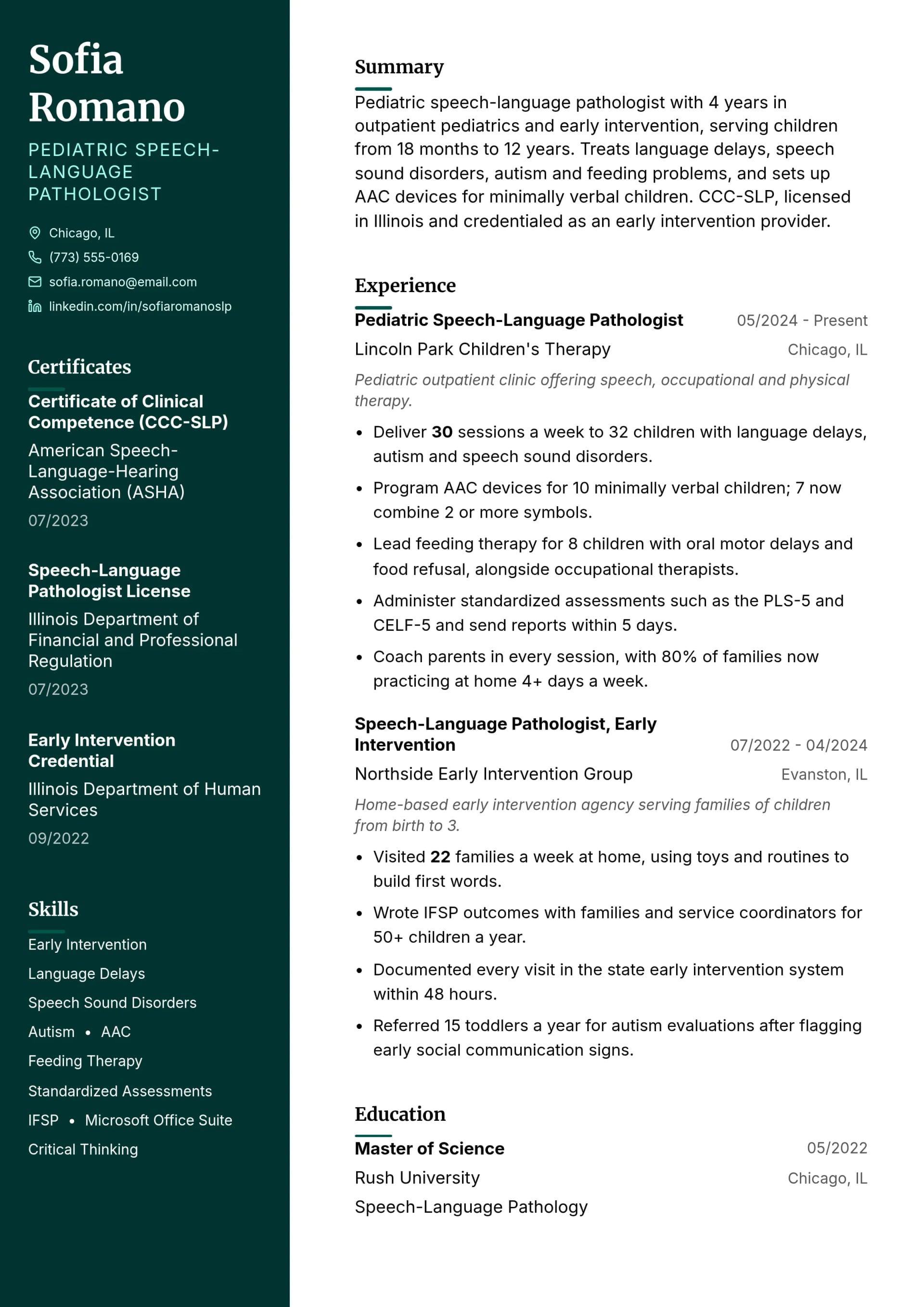 Pediatric Speech-Language Pathologist resume example
