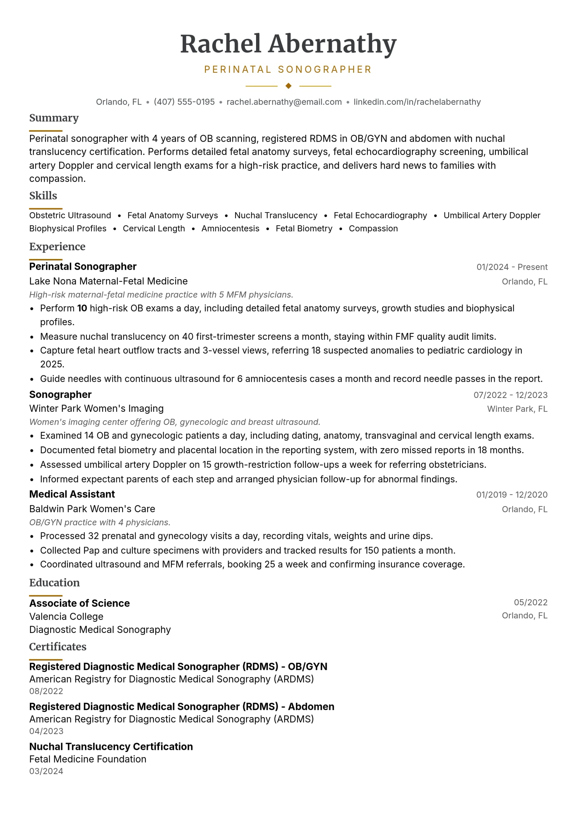 Perinatal Sonographer resume example