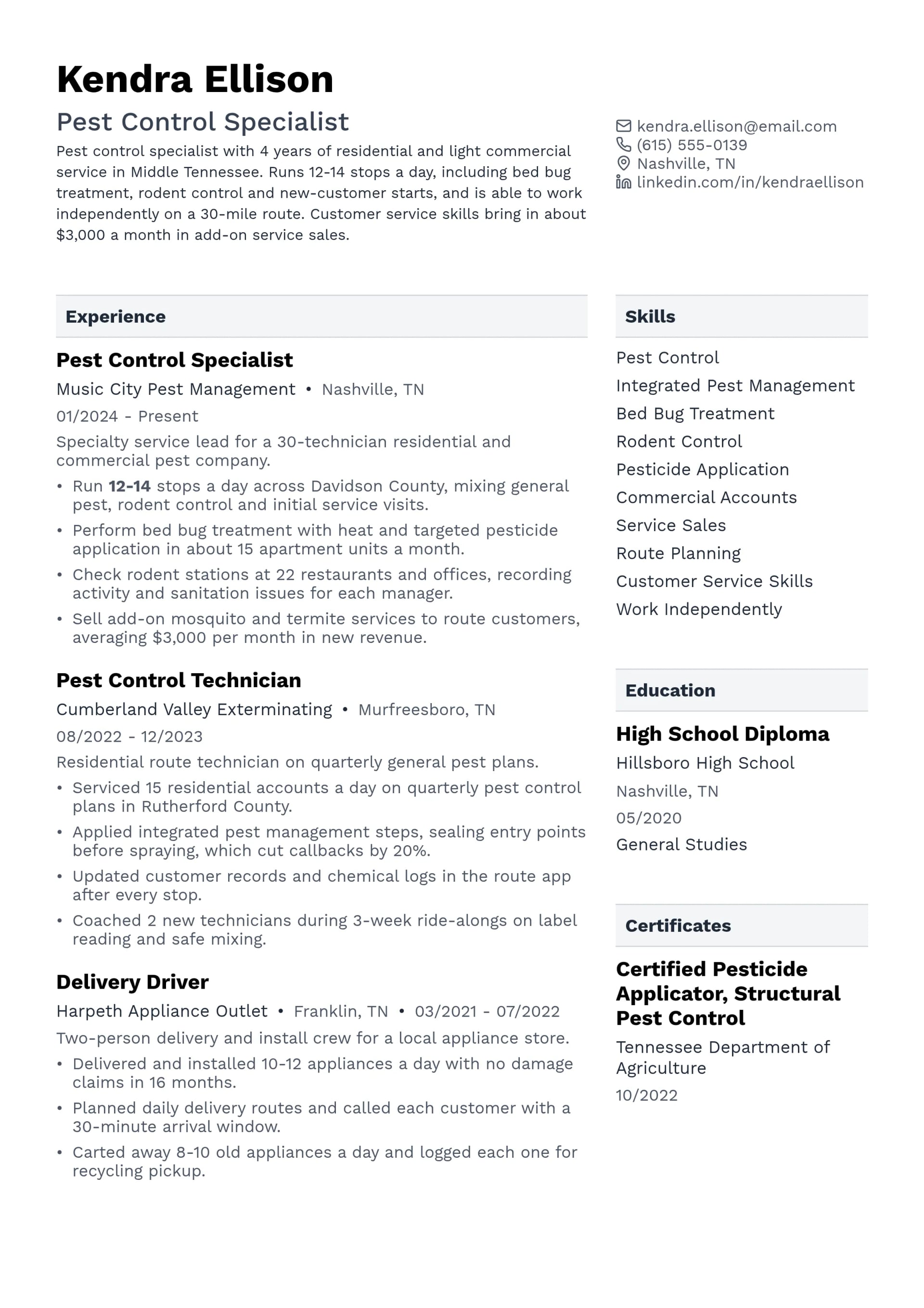 Pest Control Specialist resume example