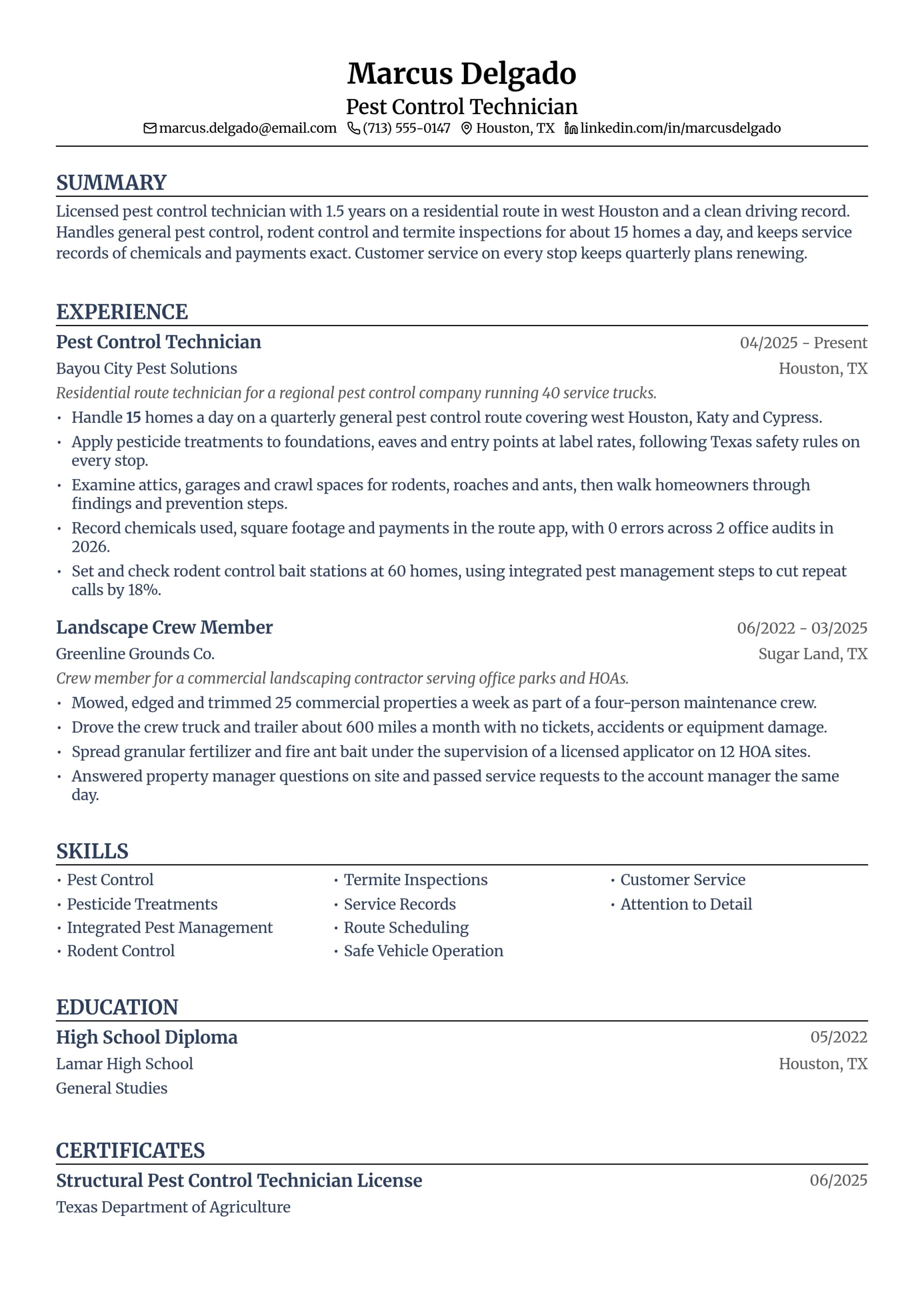 Pest Control Technician resume example