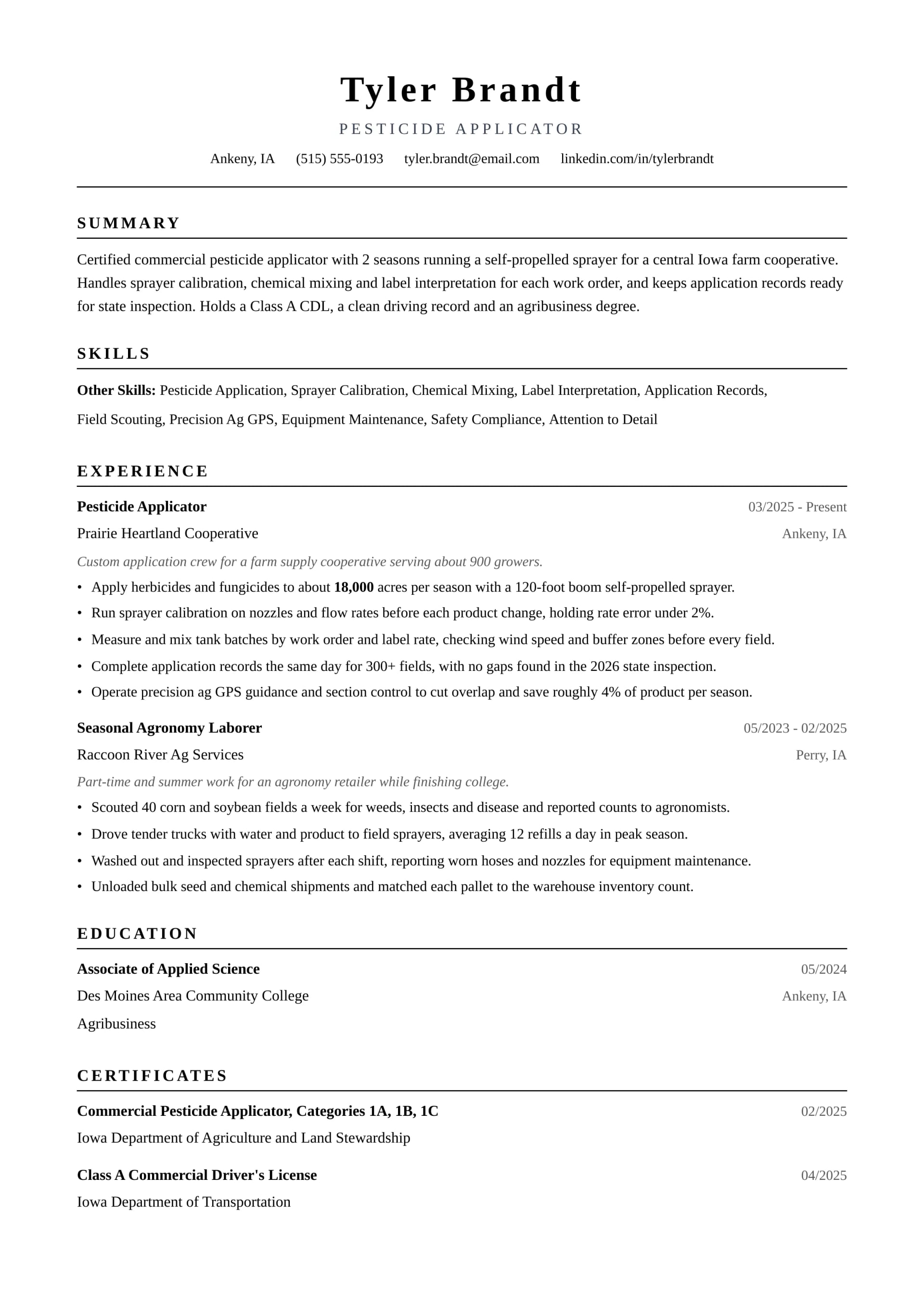 Pesticide Applicator resume example