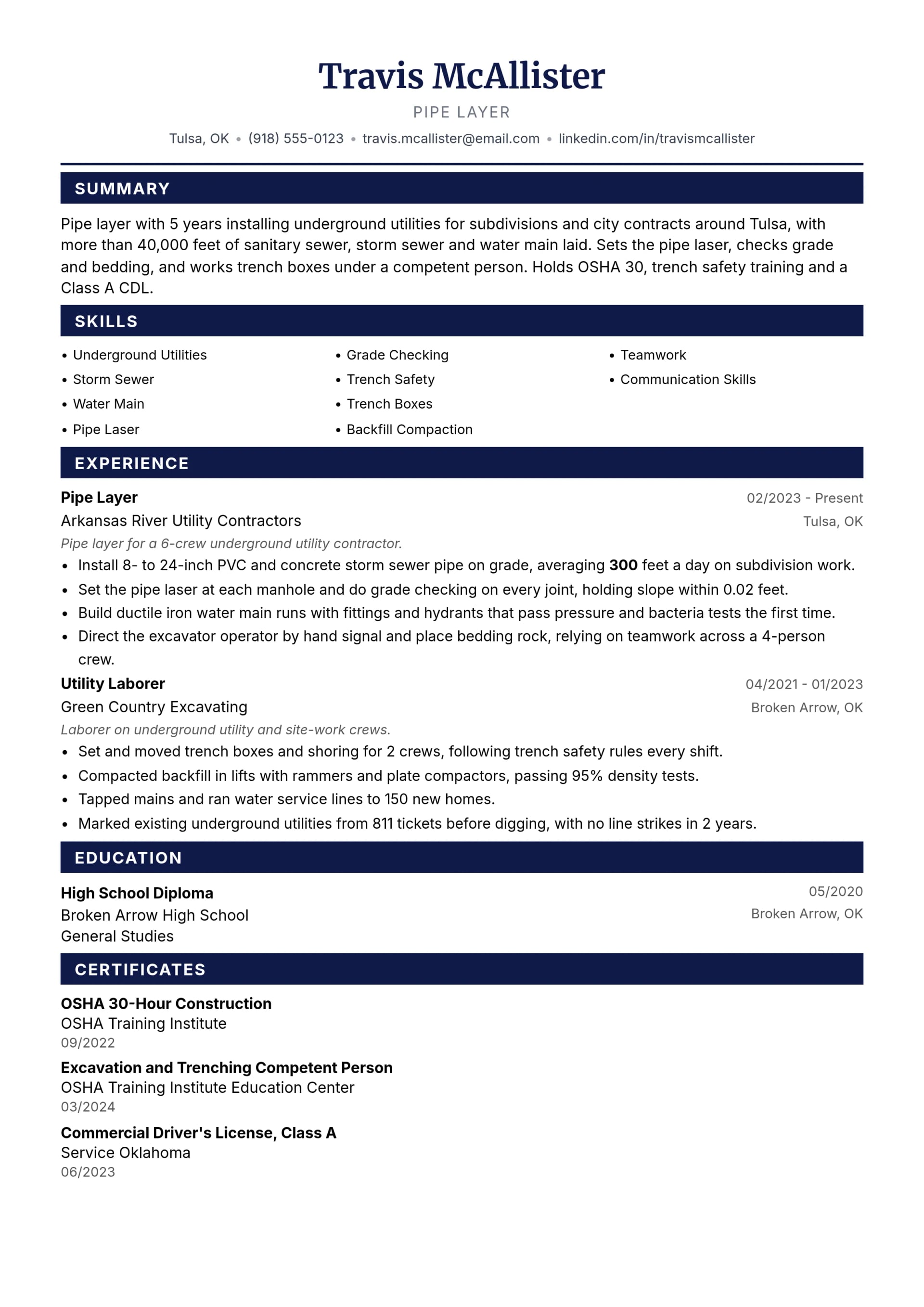 Pipe Layer resume example
