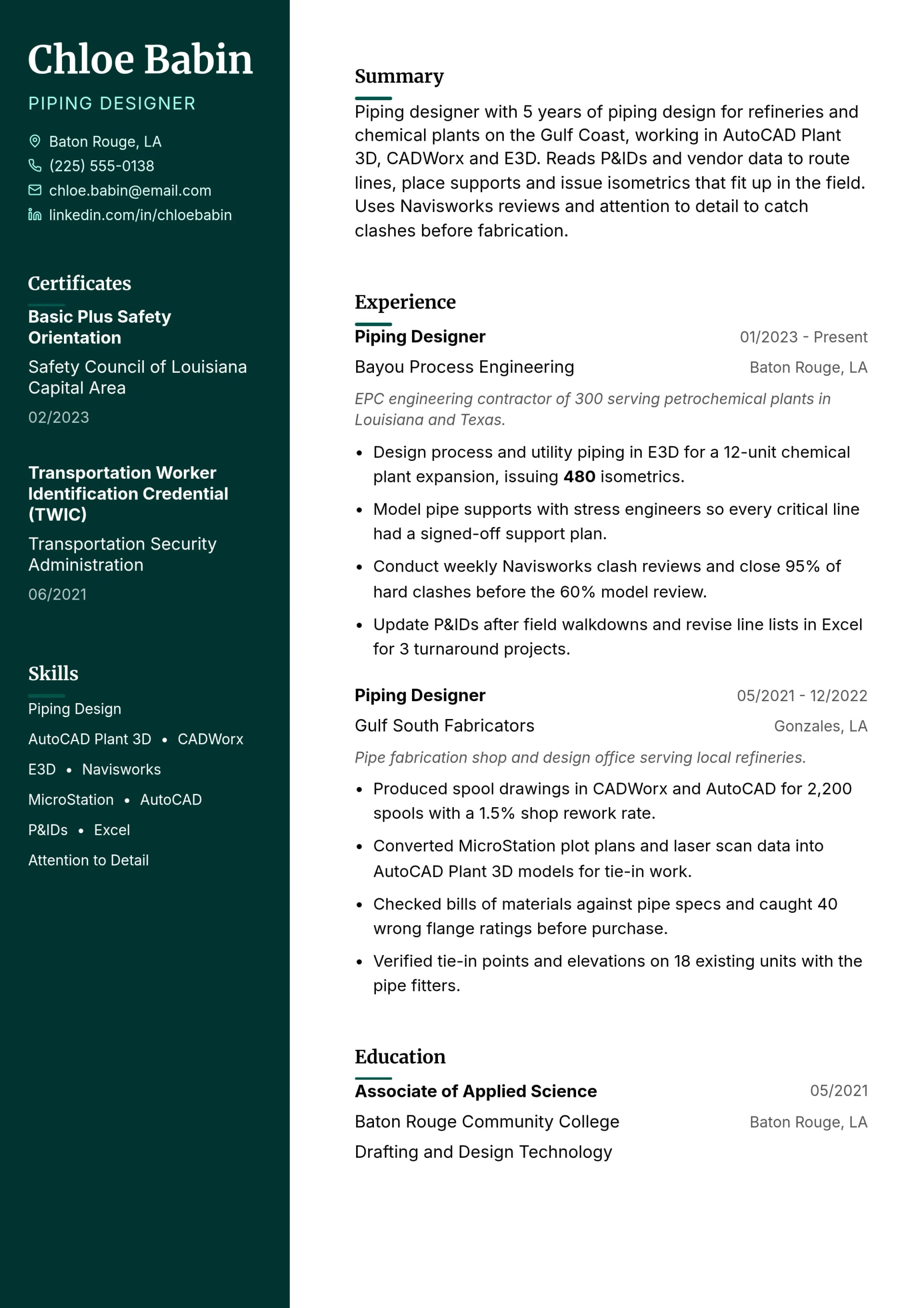 Piping Designer resume example