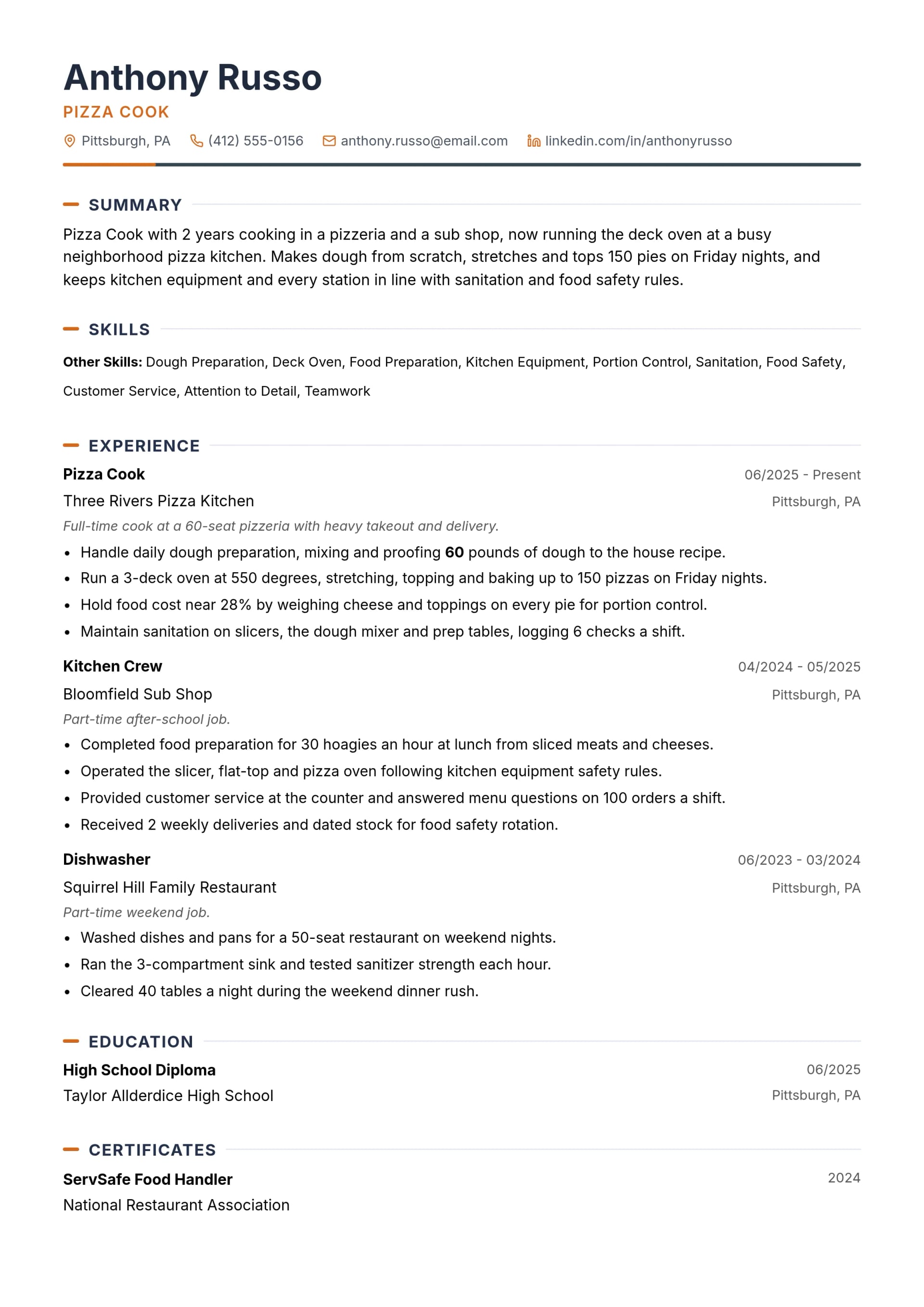 Pizza Cook resume example