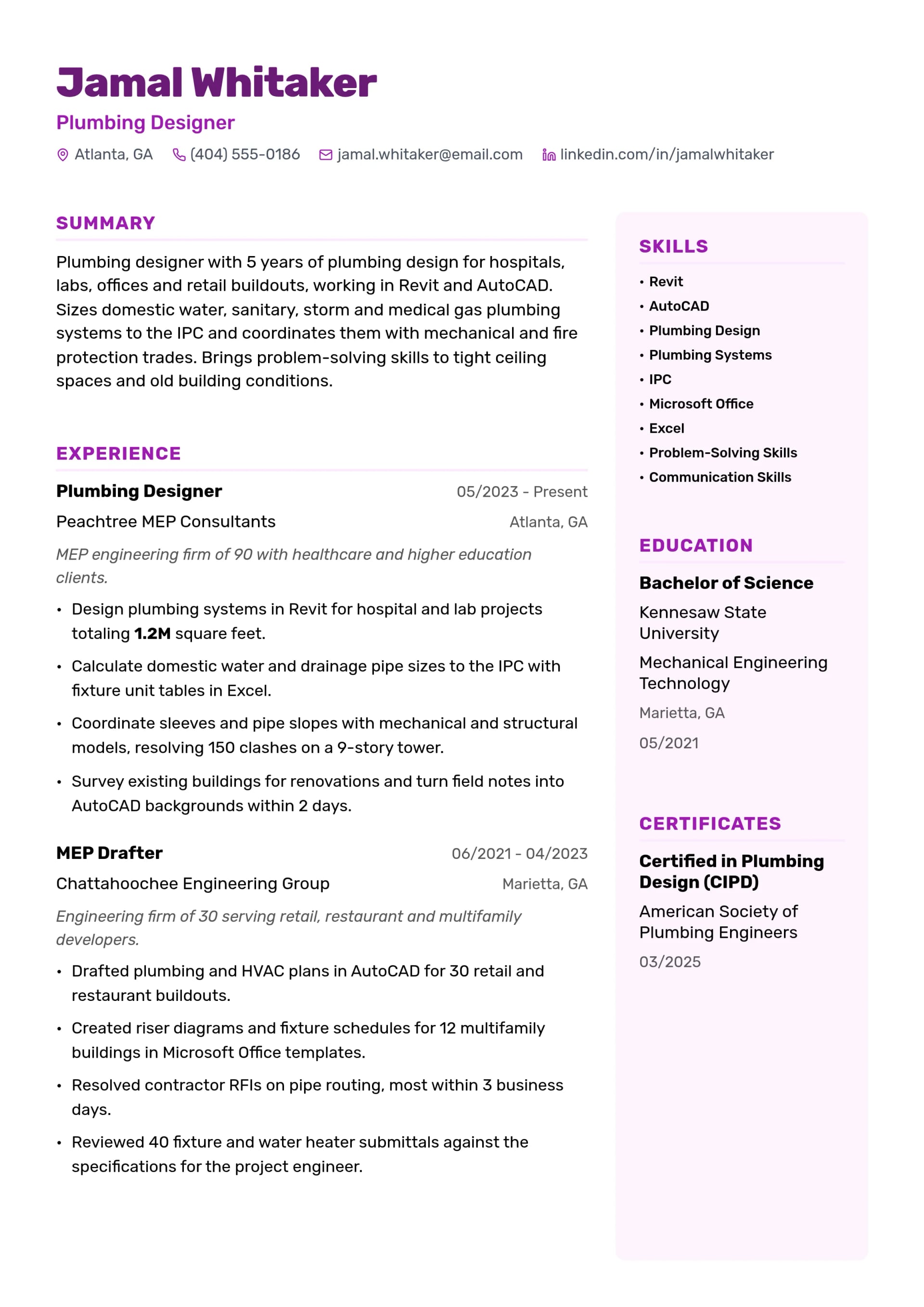 Plumbing Designer resume example