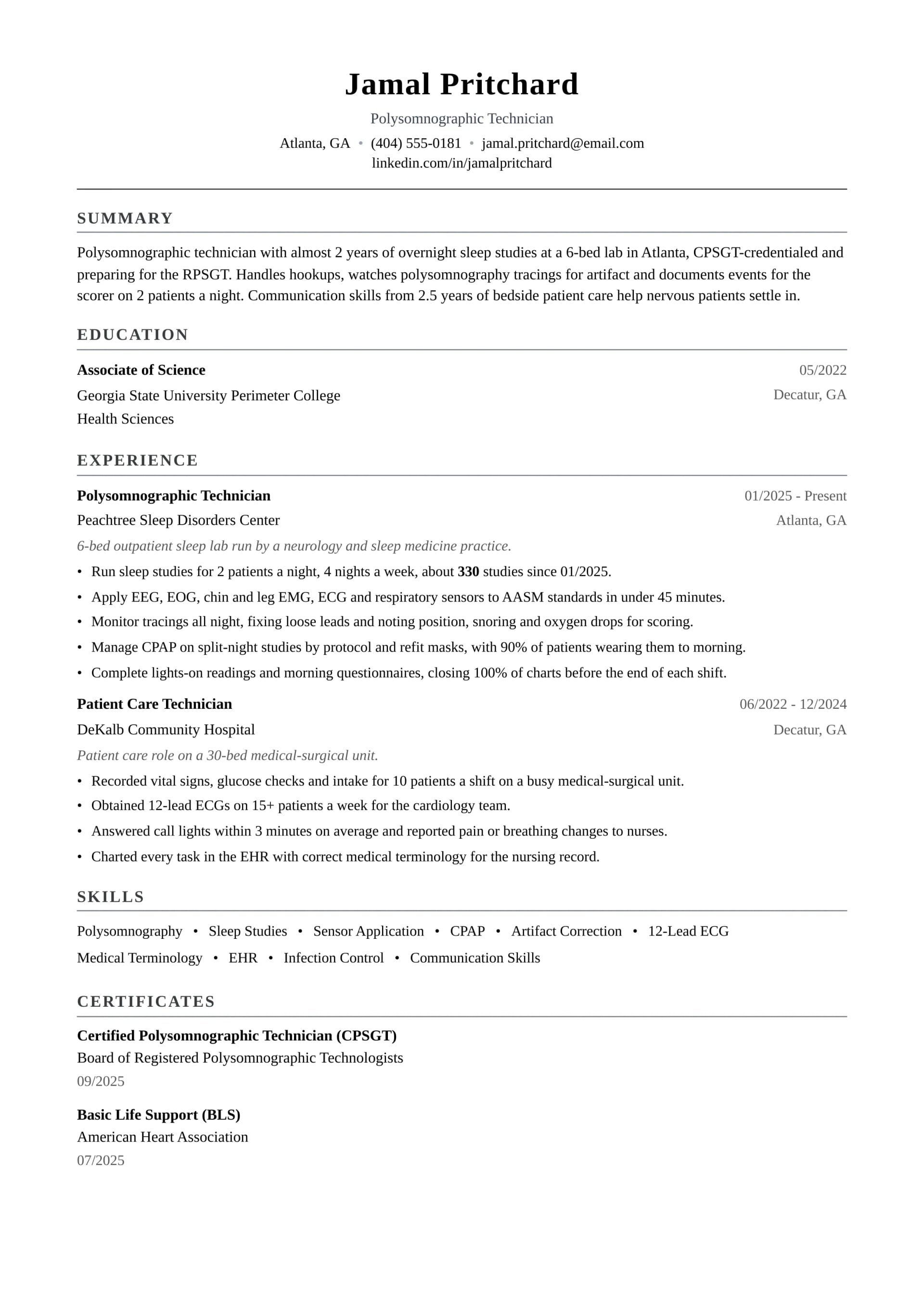 Polysomnographic Technician resume example
