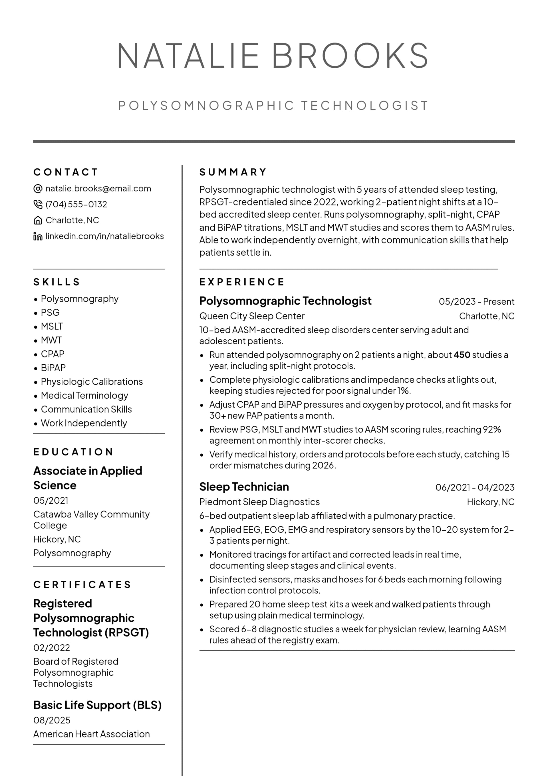 Polysomnographic Technologist resume example