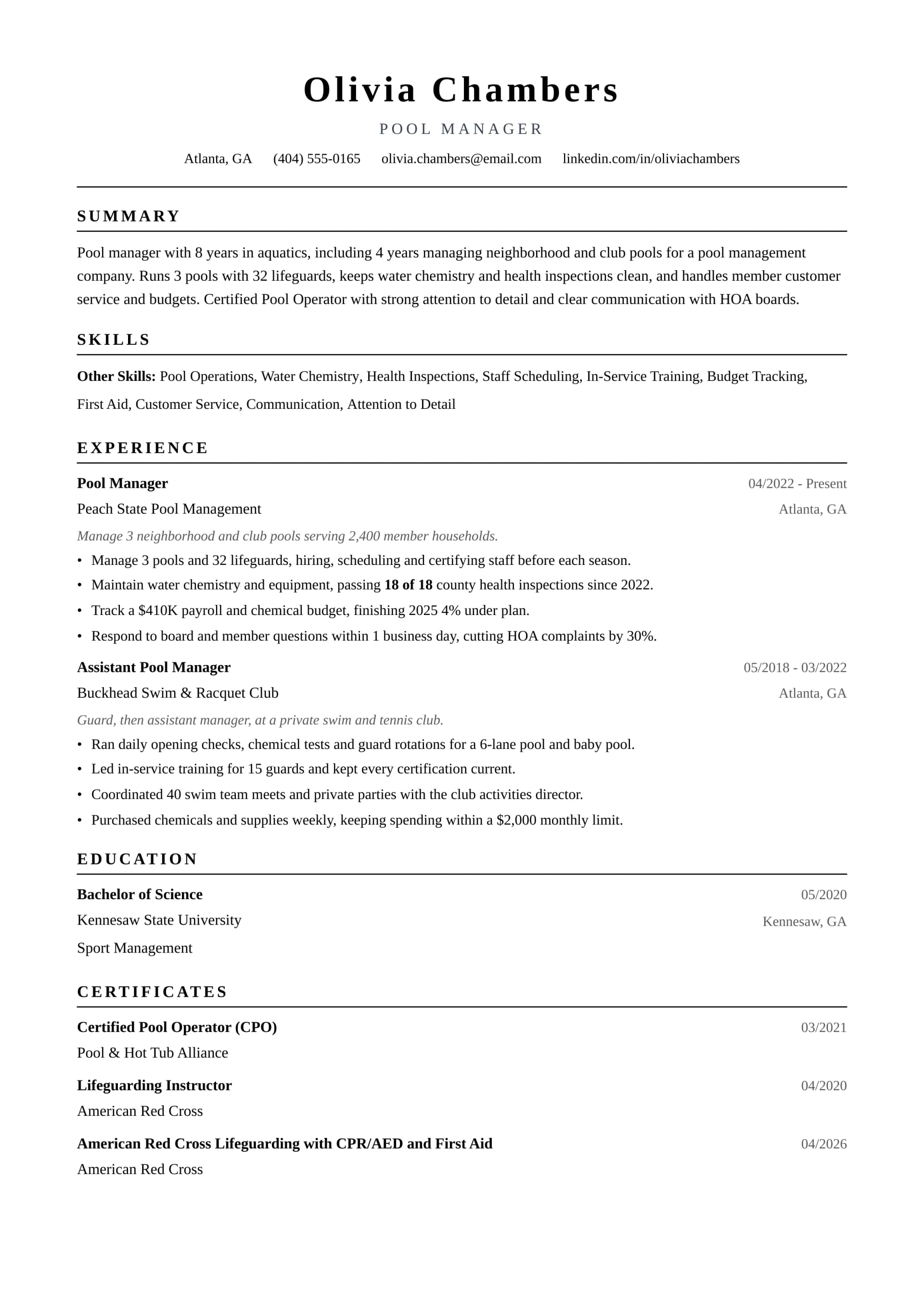 Pool Manager resume example
