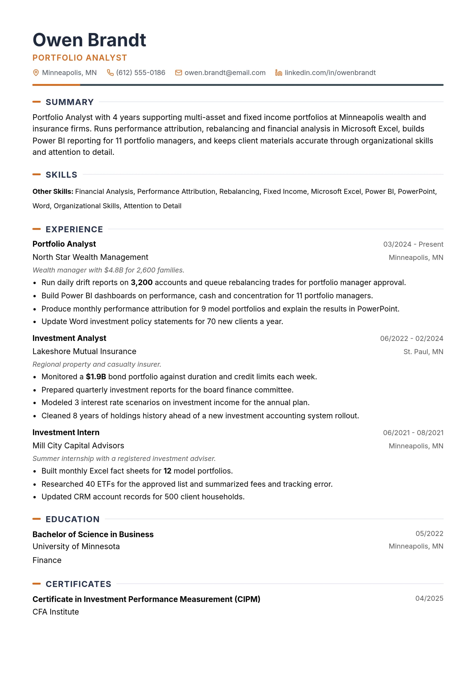 Portfolio Analyst resume example