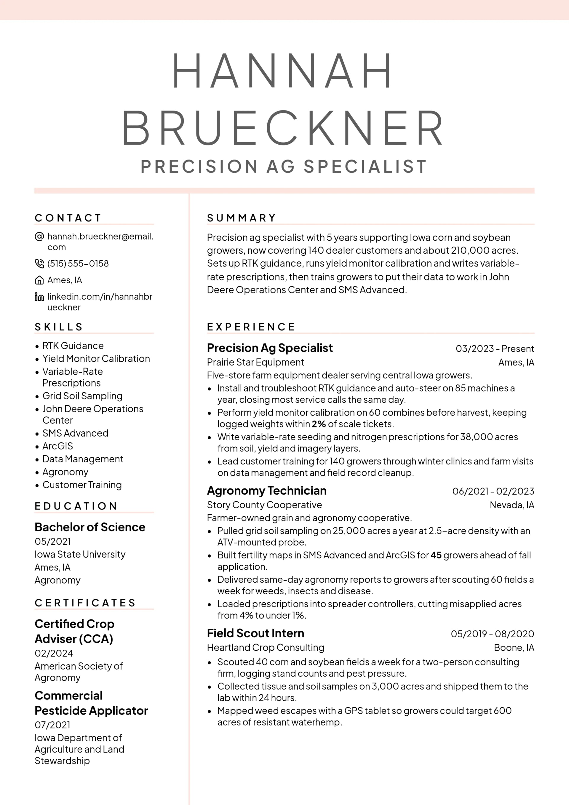 Precision Ag Specialist resume example