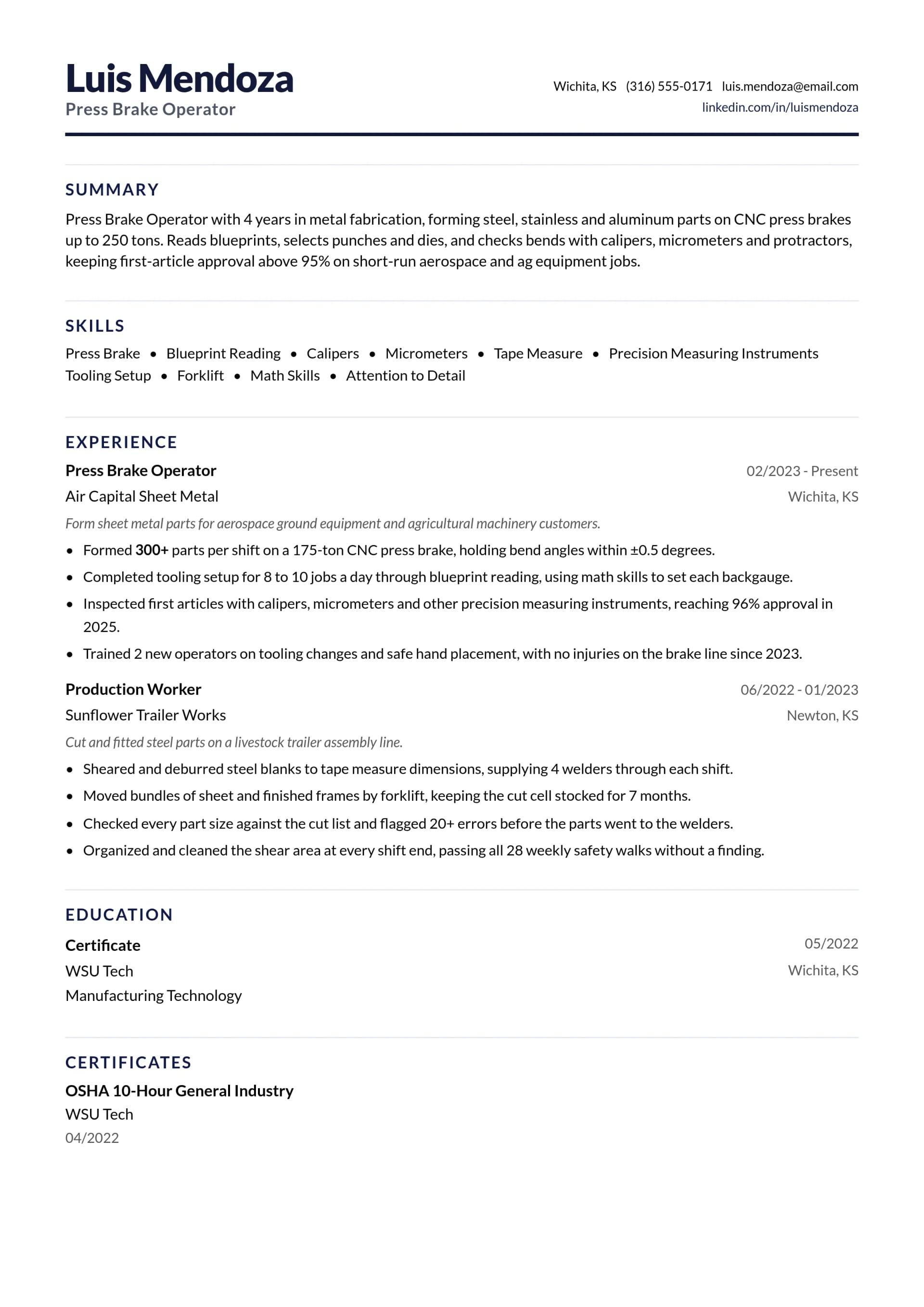 Press Brake Operator resume example