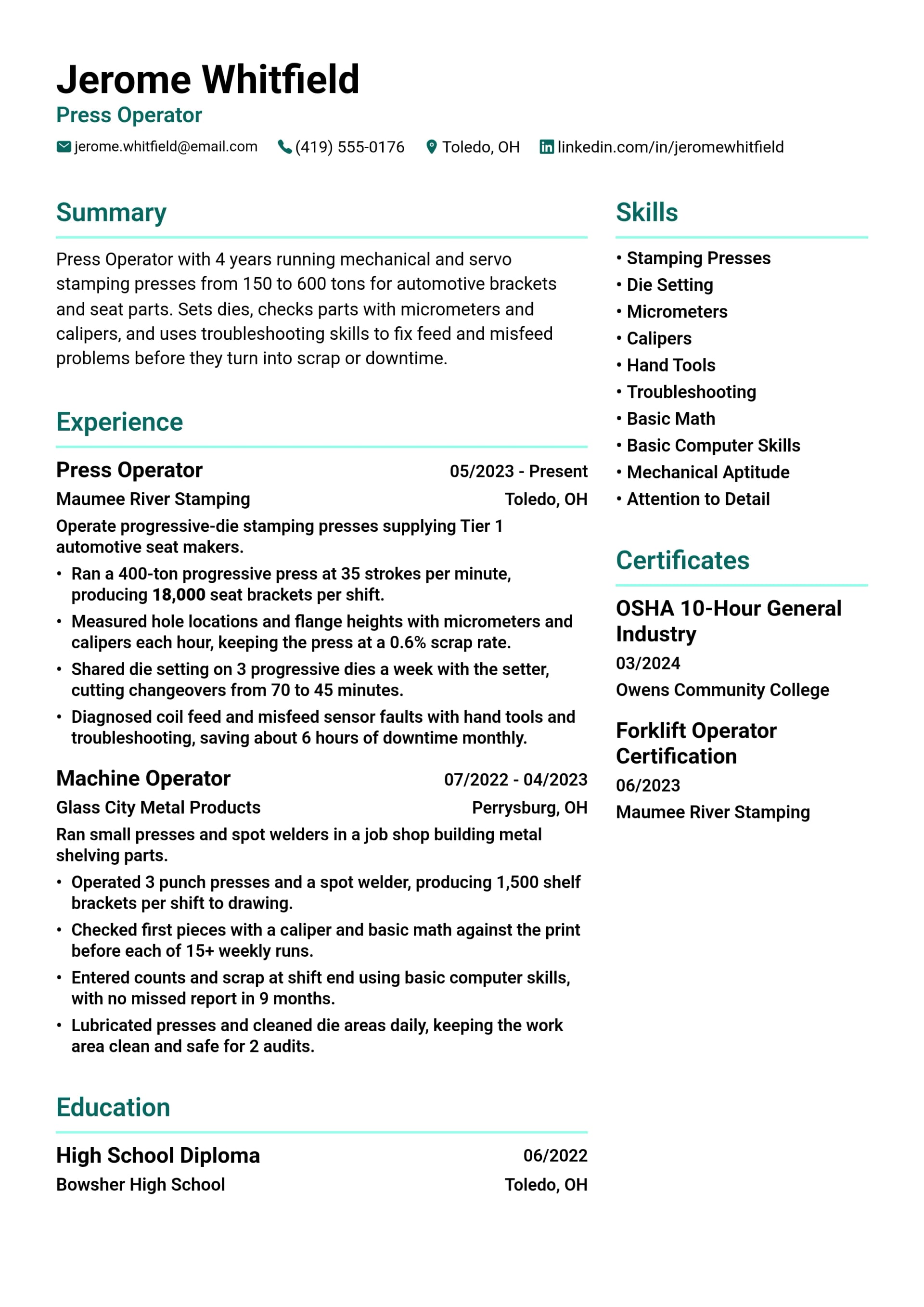 Press Operator resume example