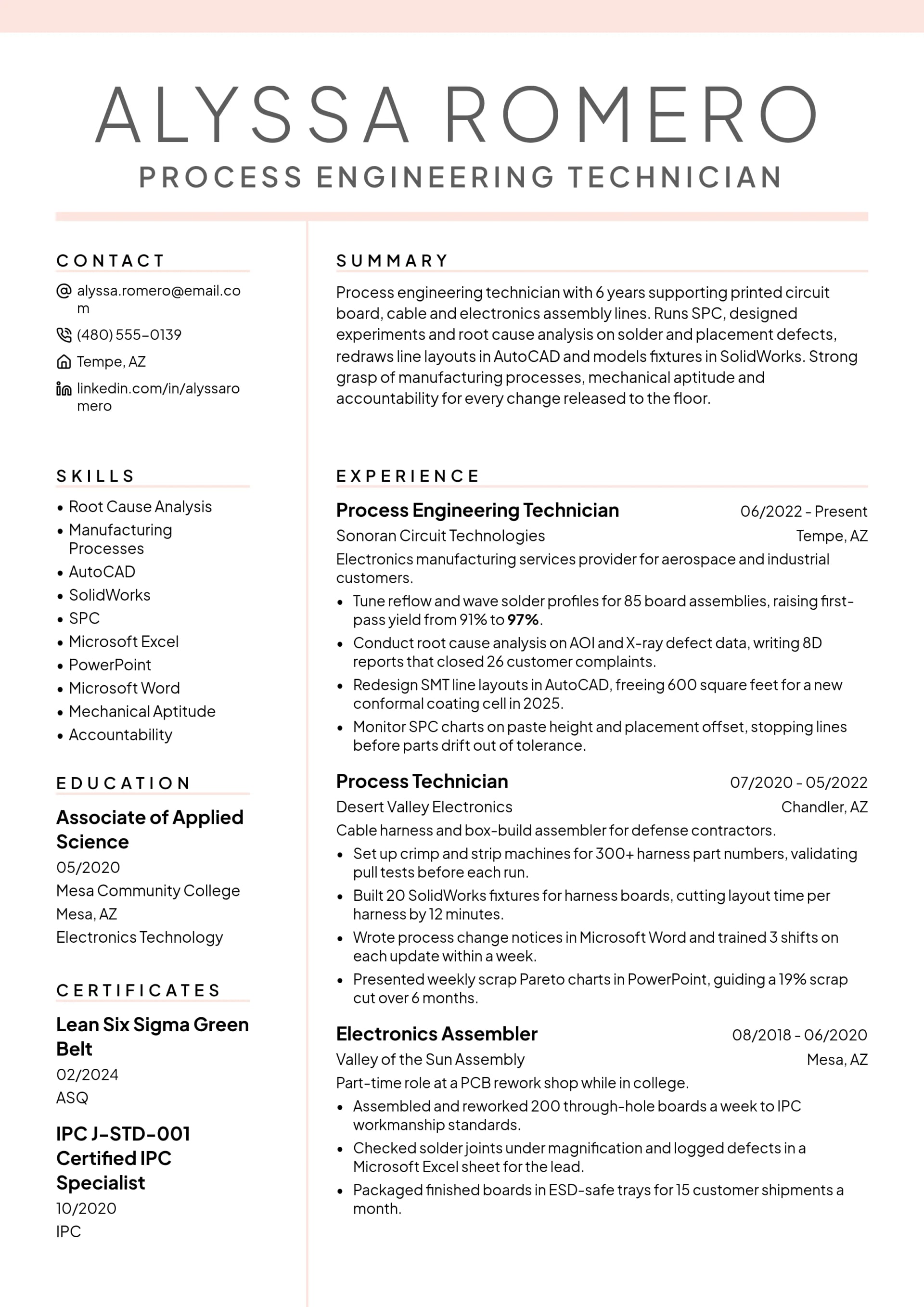 Process Engineering Technician resume example