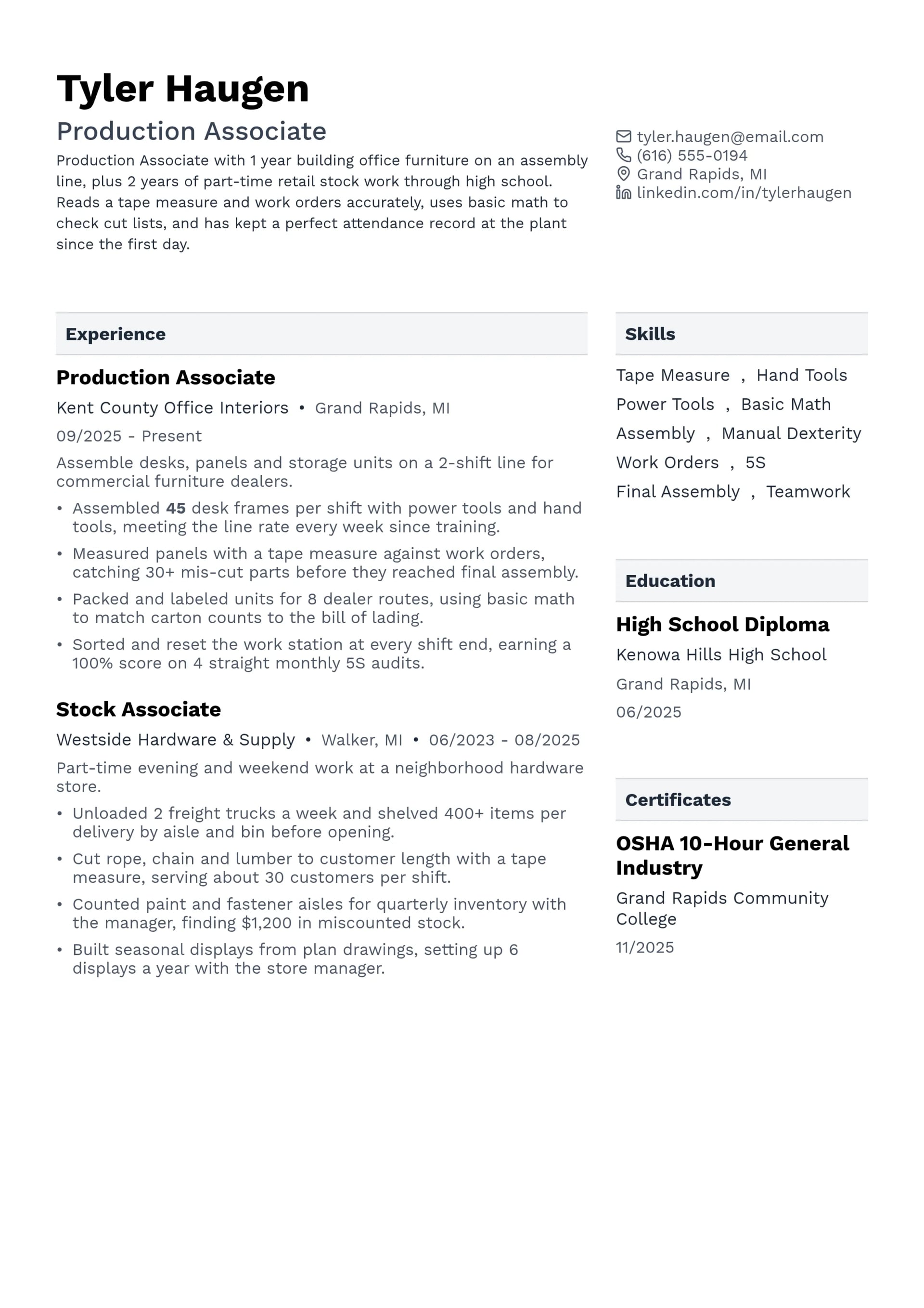 Production Associate resume example
