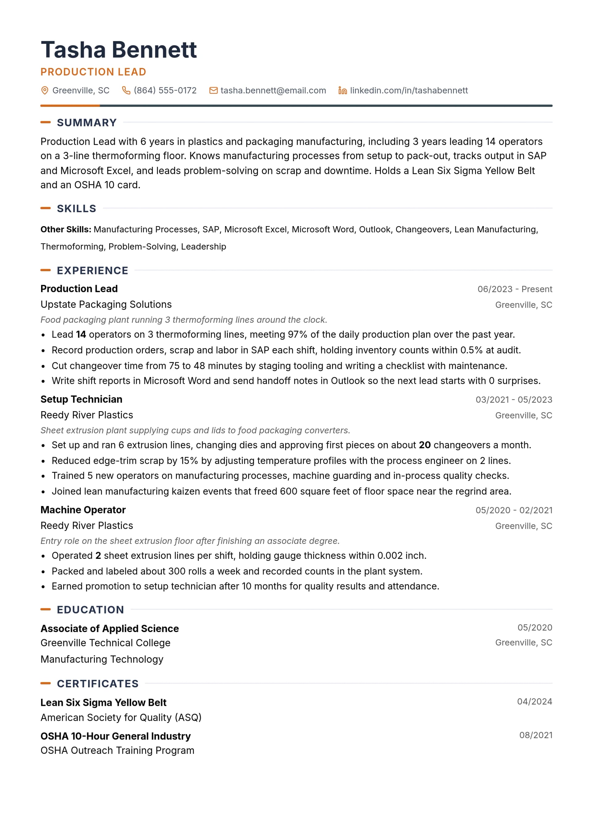 Production Lead resume example