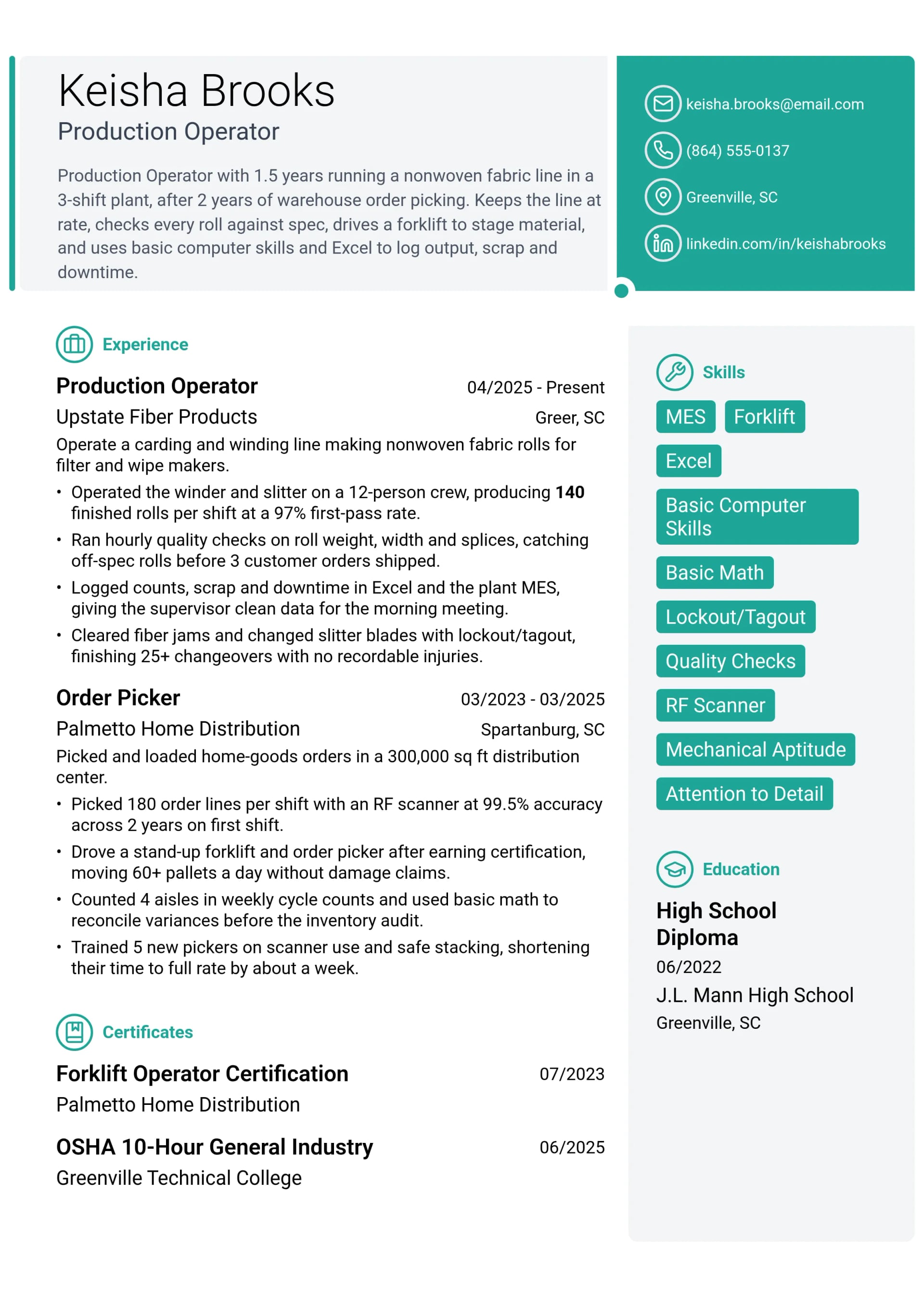 Production Operator resume example