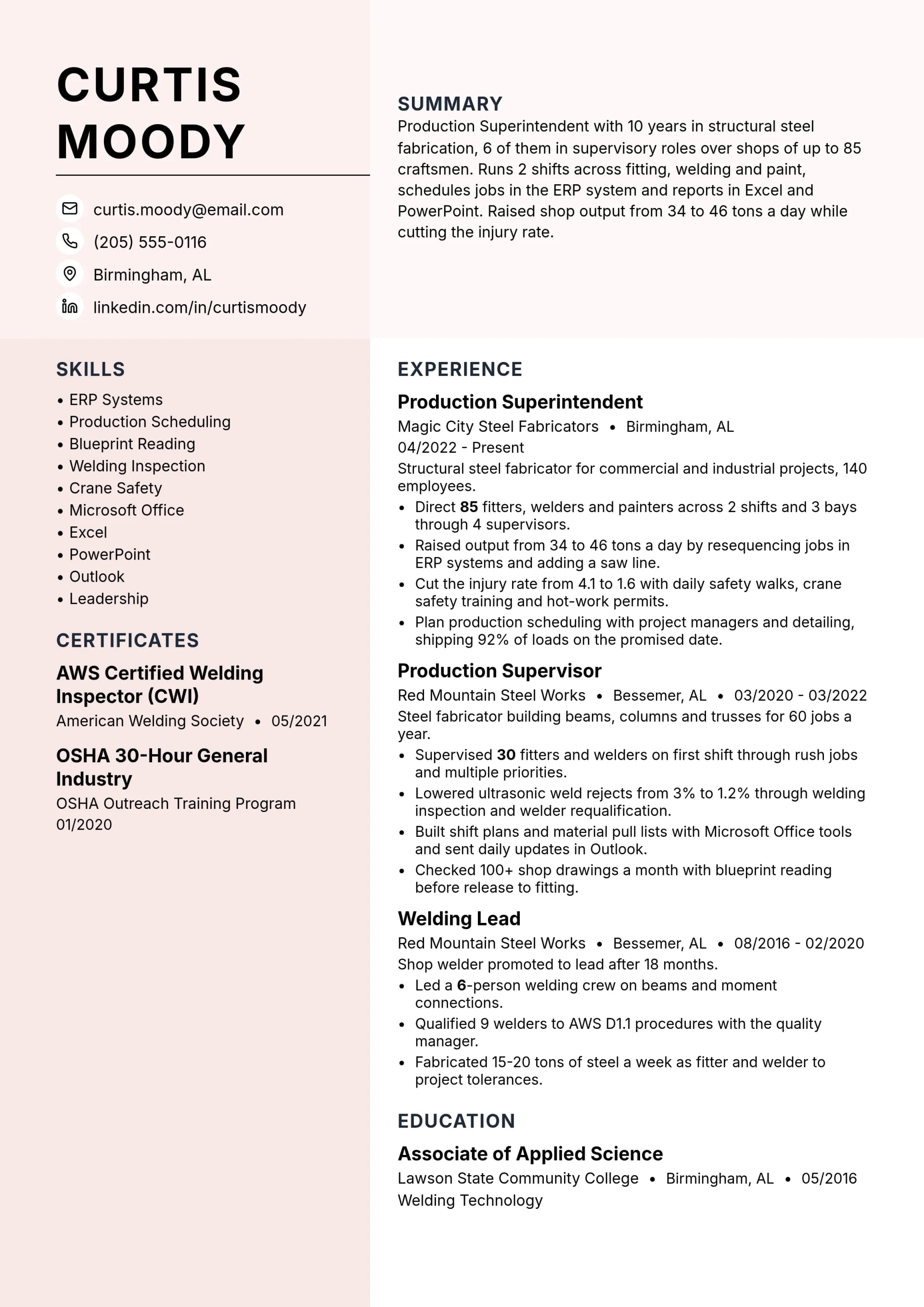 Production Superintendent resume example