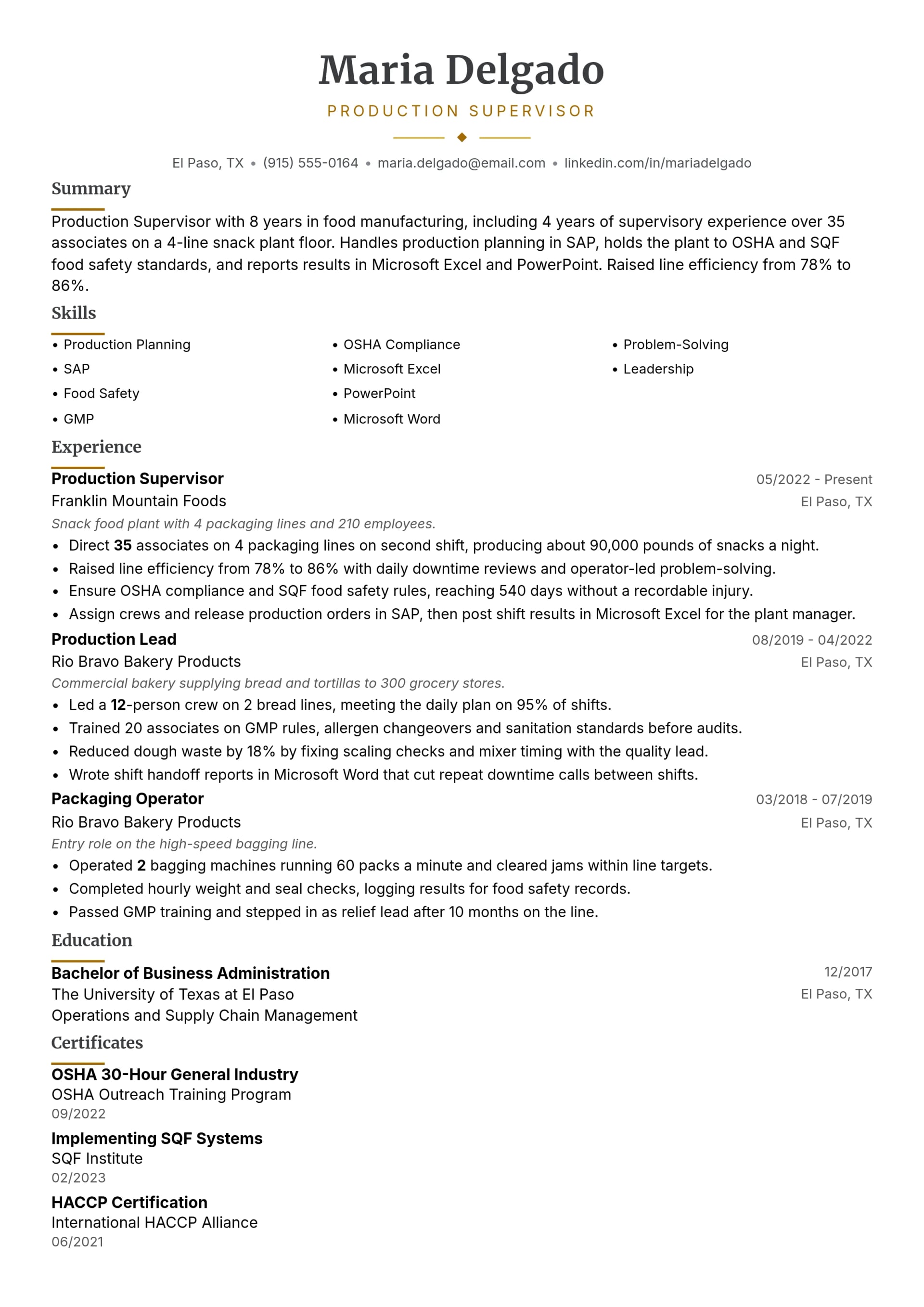 Production Supervisor resume example