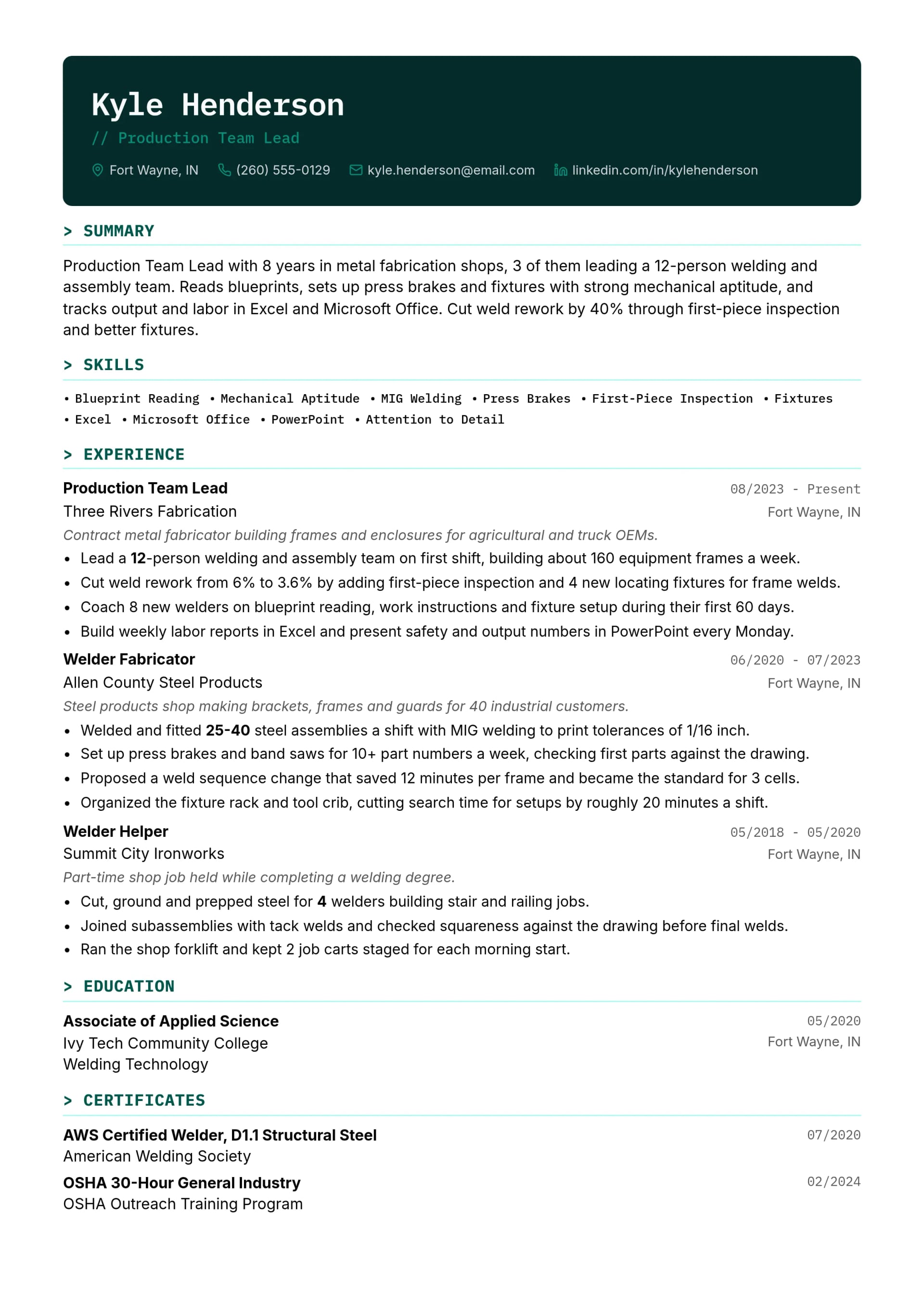 Production Team Lead resume example