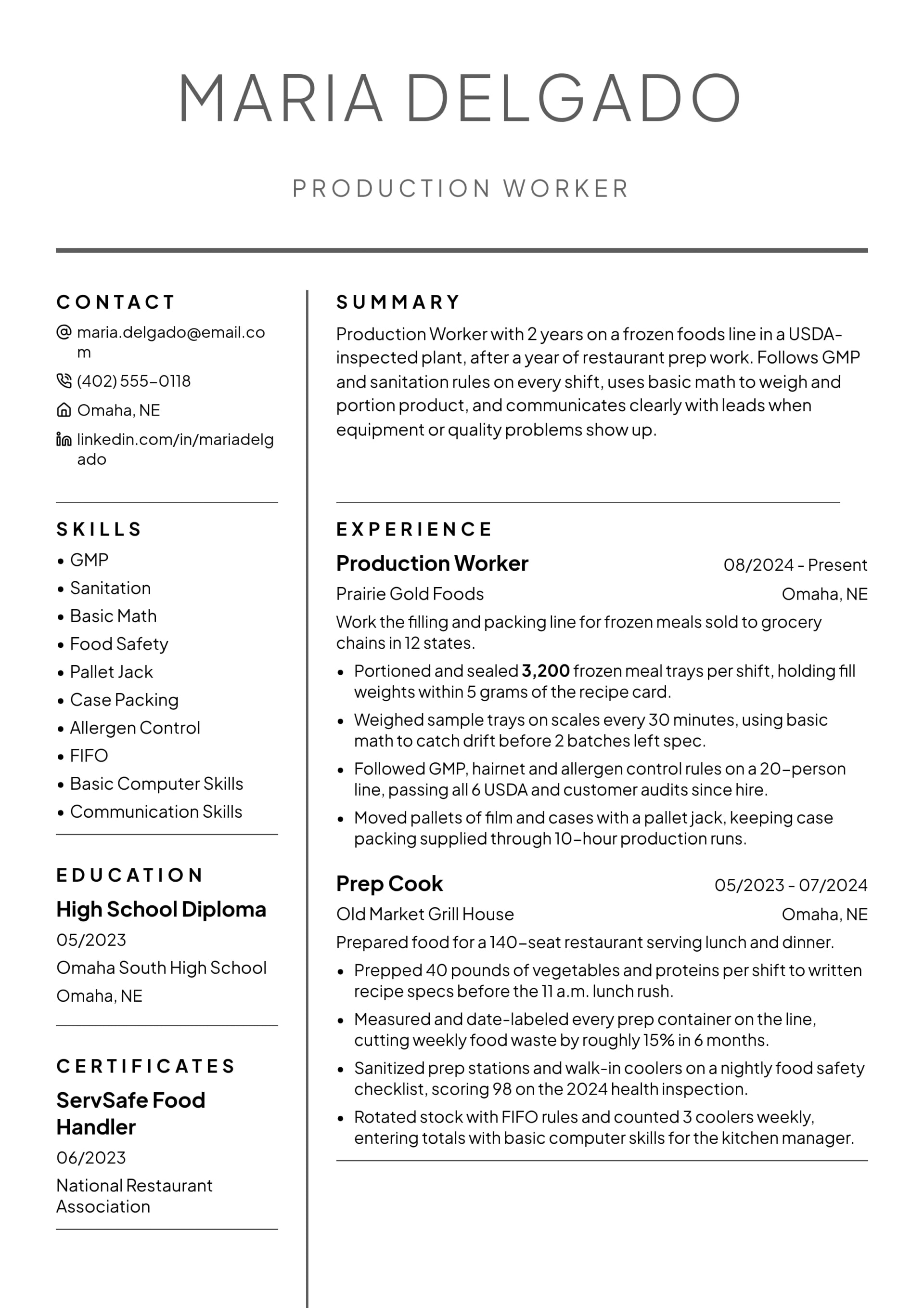 Production Worker resume example