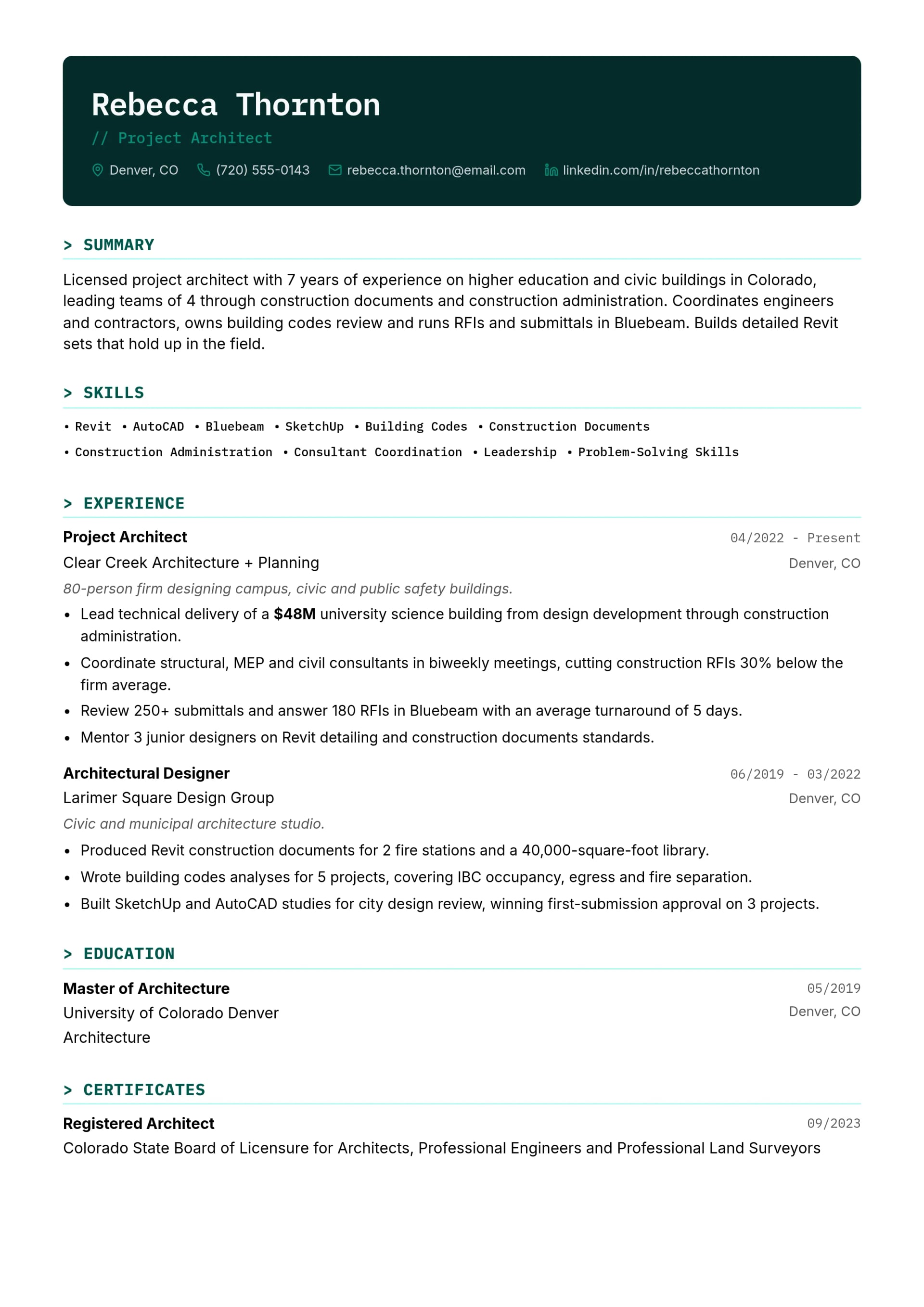 Project Architect resume example