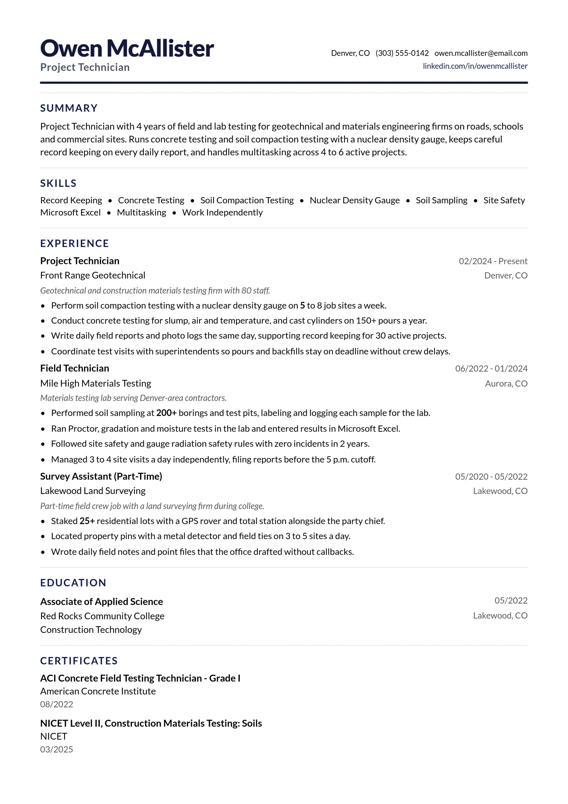 Project Technician resume example