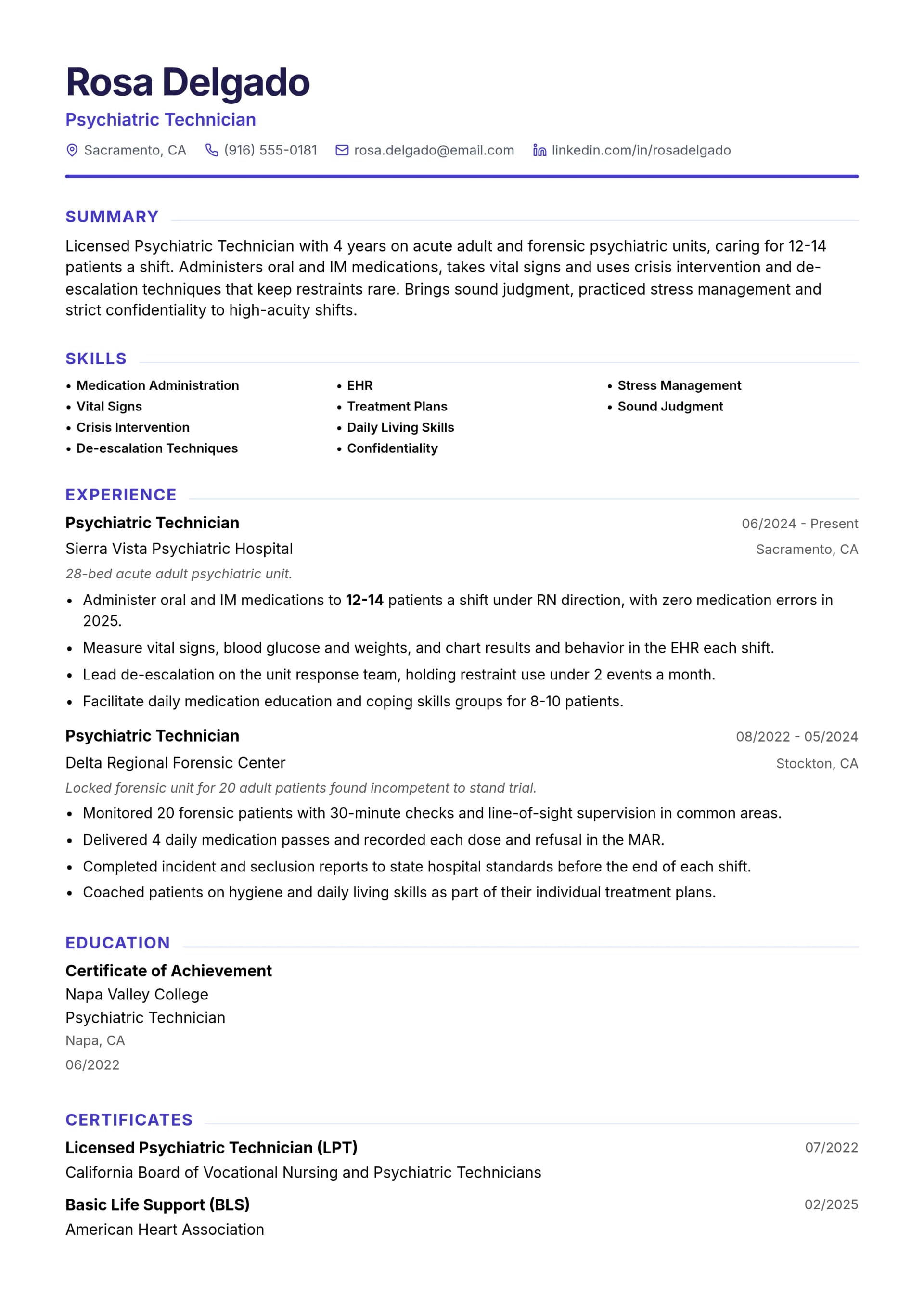 Psychiatric Technician resume example