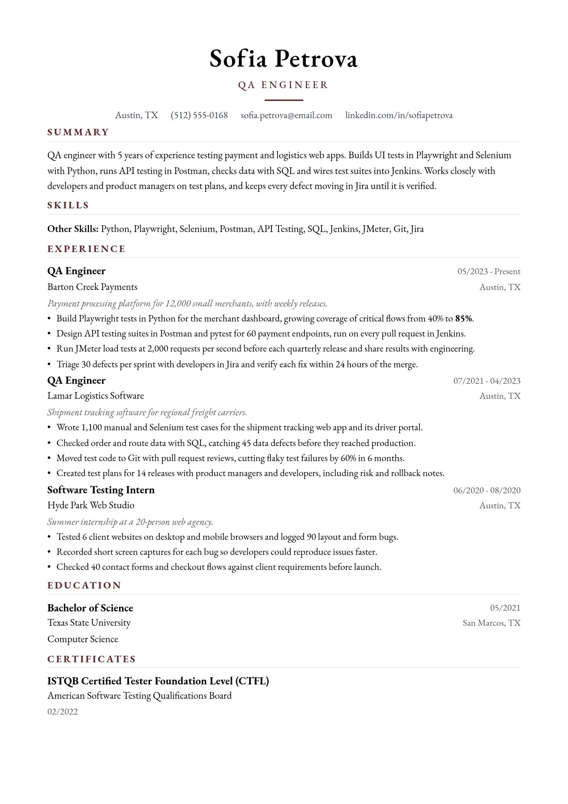 QA Engineer resume example