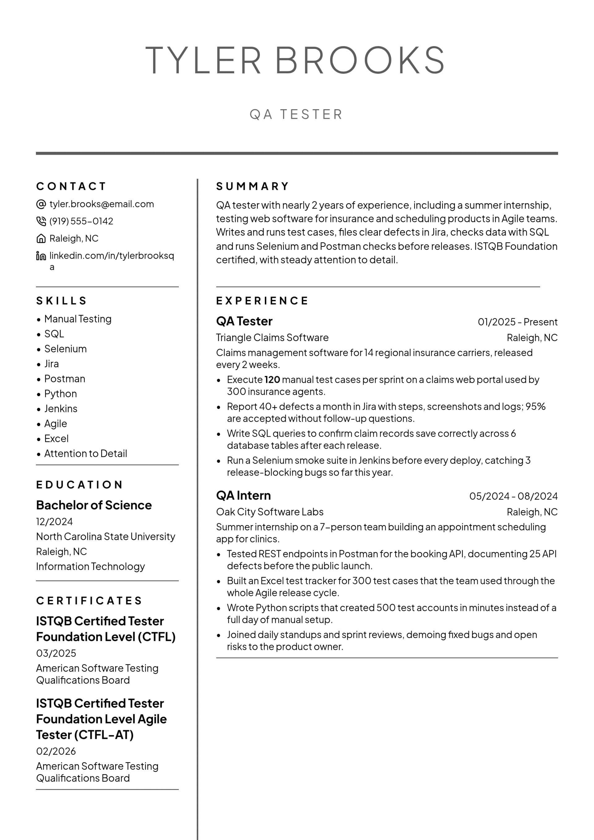 QA Tester resume example