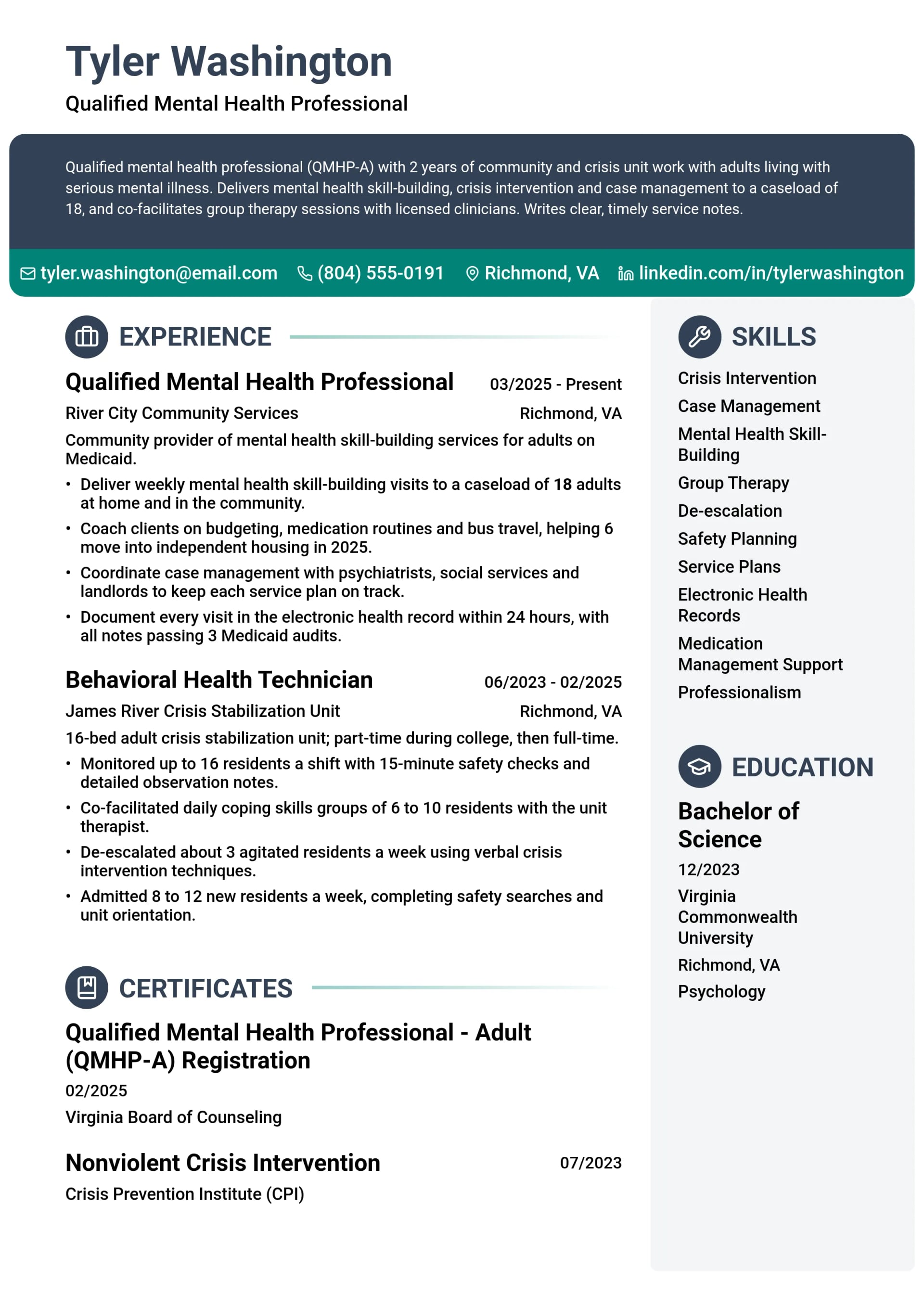 Qualified Mental Health Professional resume example